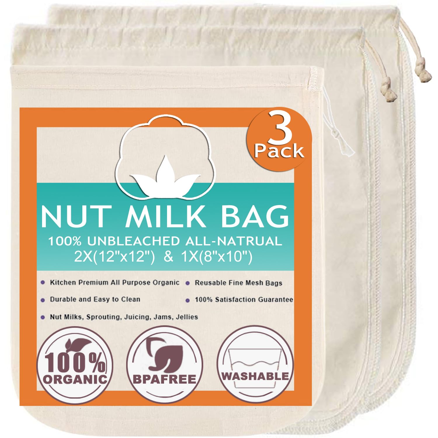 Nut Milk Bag Cloth Strainer For Food, 3 Pack 12'' (2 Of 12''X12'' + 1 Of 10'') Organic Reusable Kitchen Premium Fine Mesh Cheese