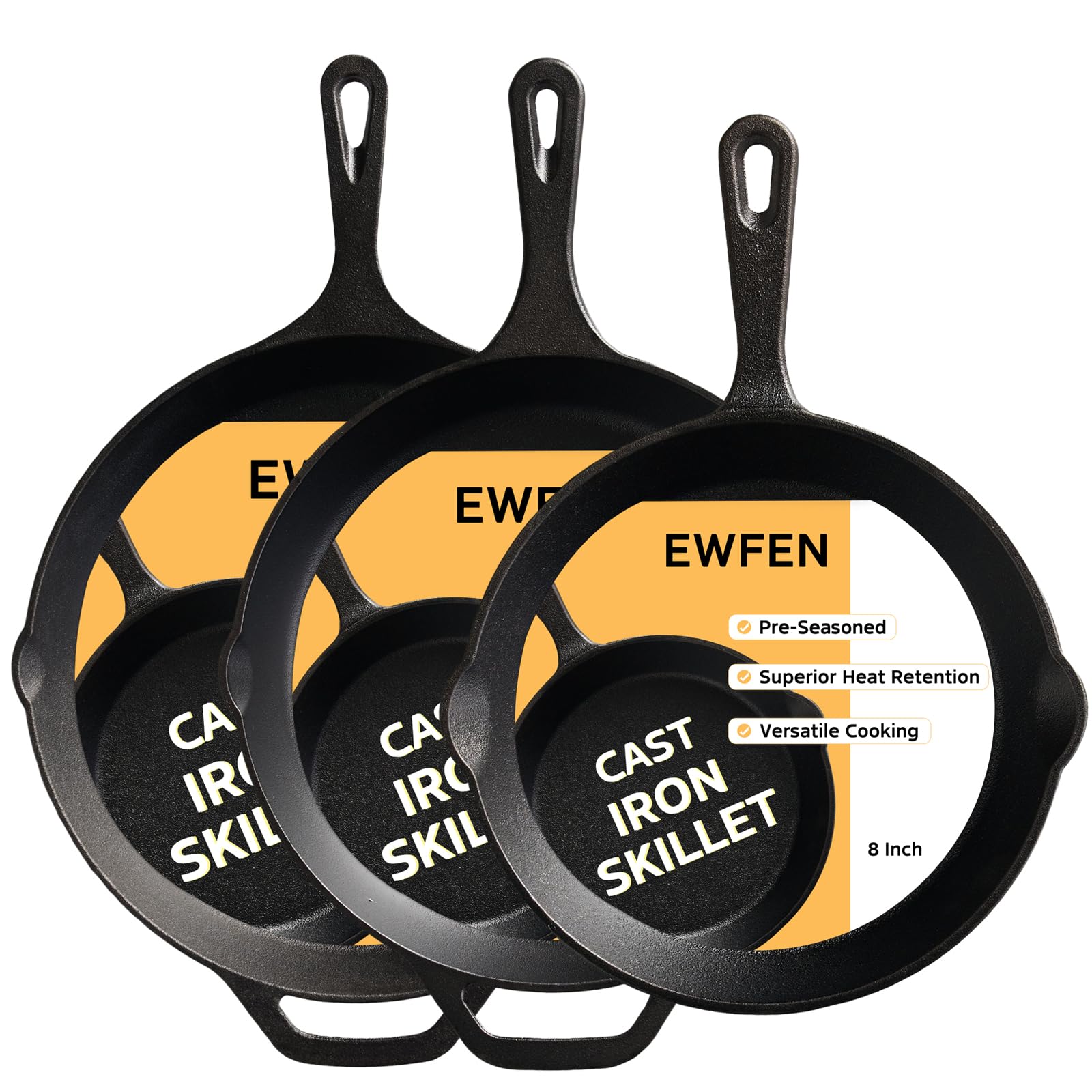 EWFEN Cast Iron Skillet 3Piece Set, 8, 10 & 12 PreSeasoned Frying Pans, HeavyDuty Professional Restaurant Chef Quality Coo