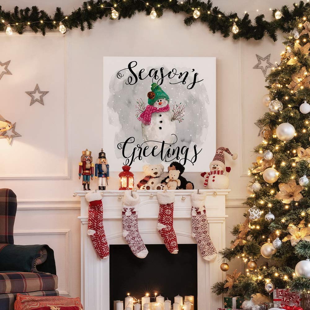 Renditions Gallery Season's Greetings Snowman Wall Art  Cute Christmas & Winter Artwork  Great Gift for Girls  Premium Gallery Wrapped Canvas Decor  Ready to Hang  24 in H x 24 in W  Made in America