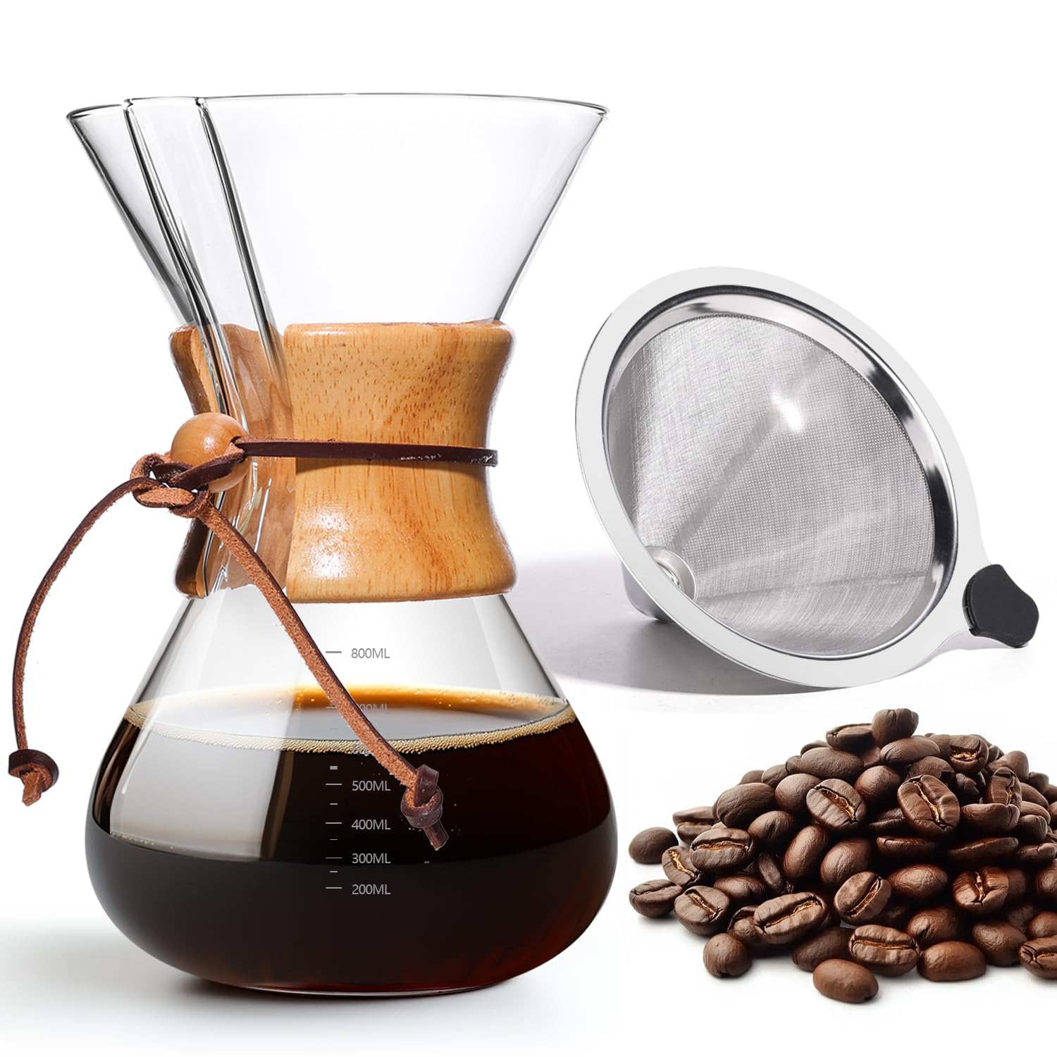 Yopinmall Pour Over Coffee Maker 27 OZ, 8 Cup Borosilicate Glass Drip Coffee Maker with Reusable Stainless Steel Filter and Cork