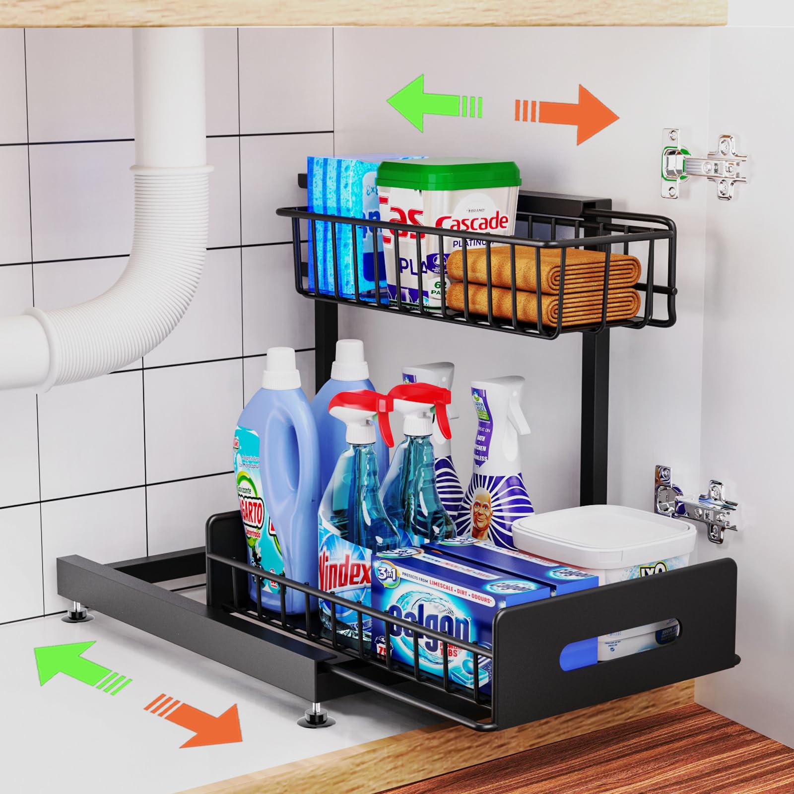 Under Sink Organizer And Storage,Pull Out Cabinet Organizer,2-Tier Slide Out Kitchen Basket Sink Shelf Cabinet Organizers,Adjust