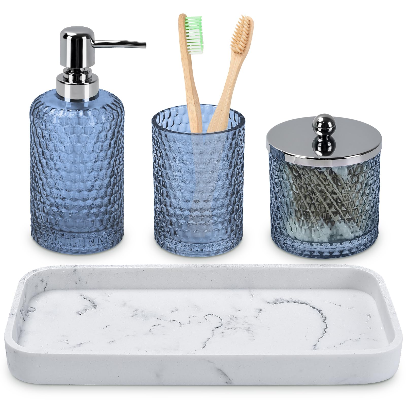Bathroom Accessories Set,4 Pcs Blue Glass Bathroom Accessories Sets-Lotion Soap Dispenser,Toothbrush Holder,Qtip Holder Dispense