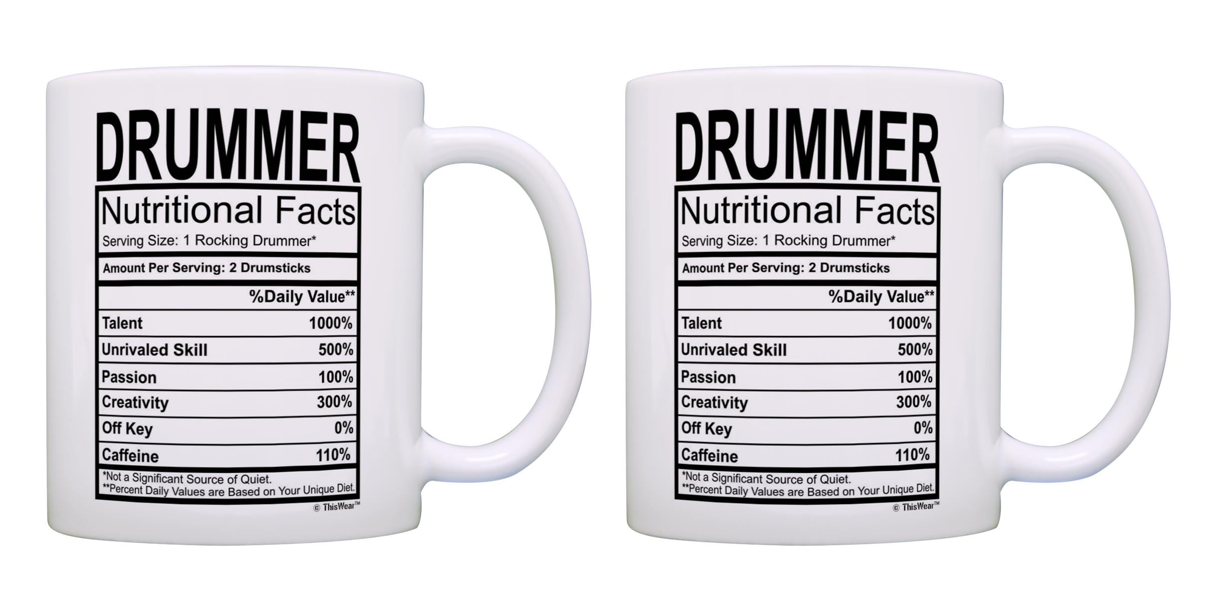 Marching Band Gifts Drummer Nutritional Facts Label Drums 2 Pack Gift 11Oz Ceramic Coffee Mugs Tea Cups White
