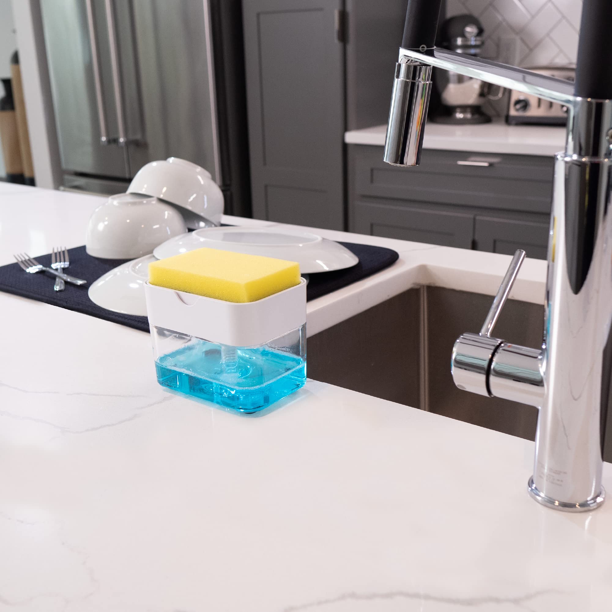 S&T INC. Dish Soap Dispenser and Sponge Holder for Kitchen Sink with Enhanced Features  Sponge Included  13 Ounces  Matte White