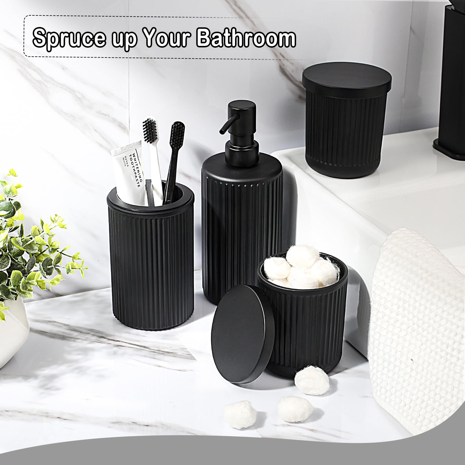 Kasunting Matte Black Bathroom Accessories Set, 4 Pcs Glass Bathroom Accessory Set, Soap Dispenser, Toothbrush Holder, Qtip Hold