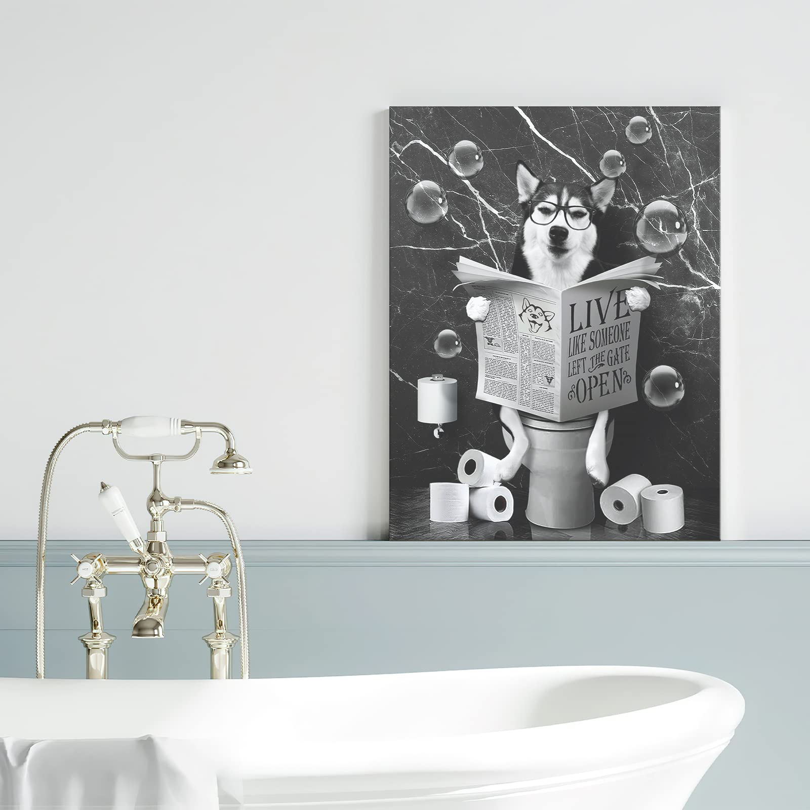 Husky Dog Sitting In Toilet Bathroom Decor Wall Art Funny Husky Pictures Black And White Bathroom Wall Decor Farmhouse Dogs Pain