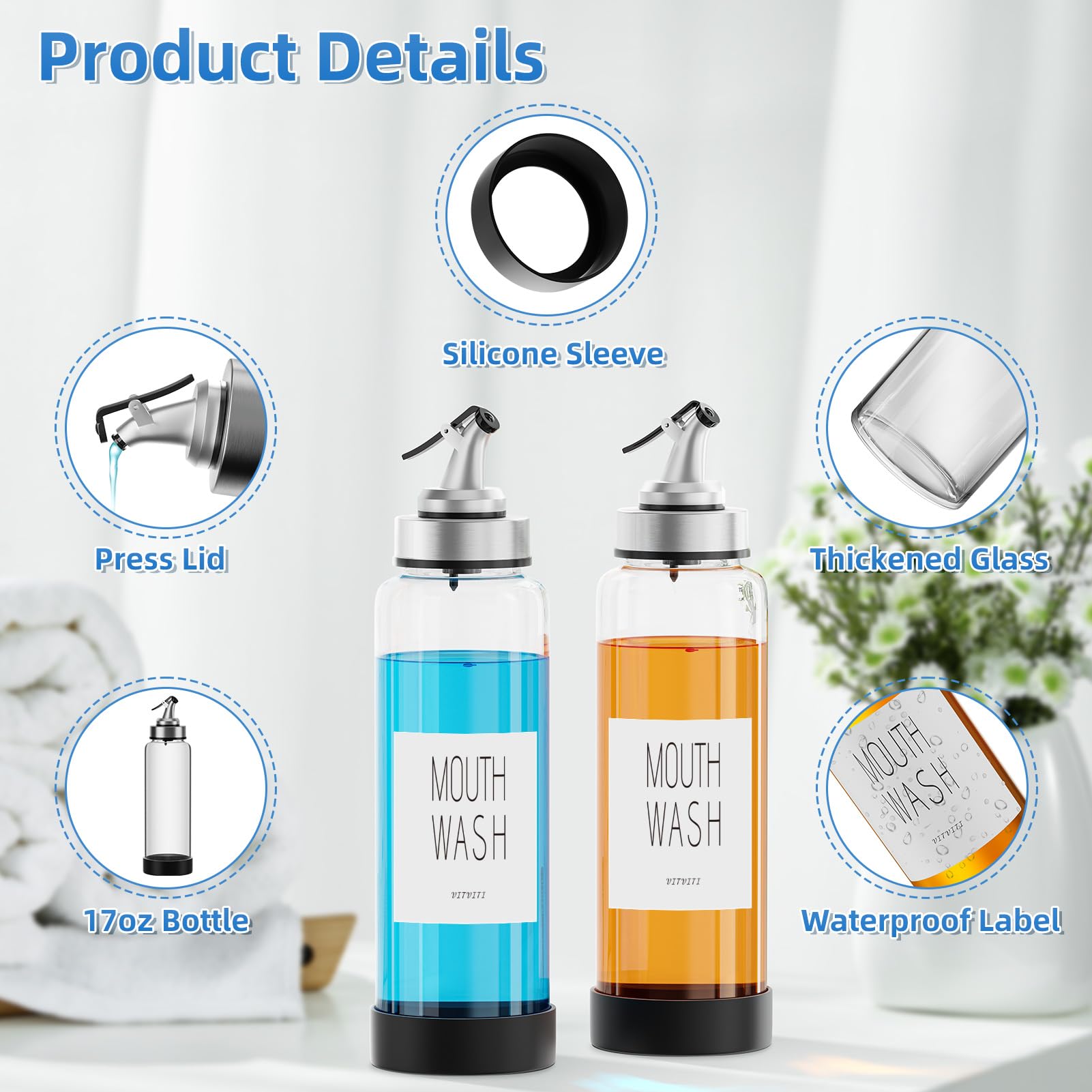 Vitviti Mouthwash Dispenser For Bathroom, Glass Mouth Wash Container With 2 Glass Cups, Press Lid 17Oz Clear Refillable Mouthwas