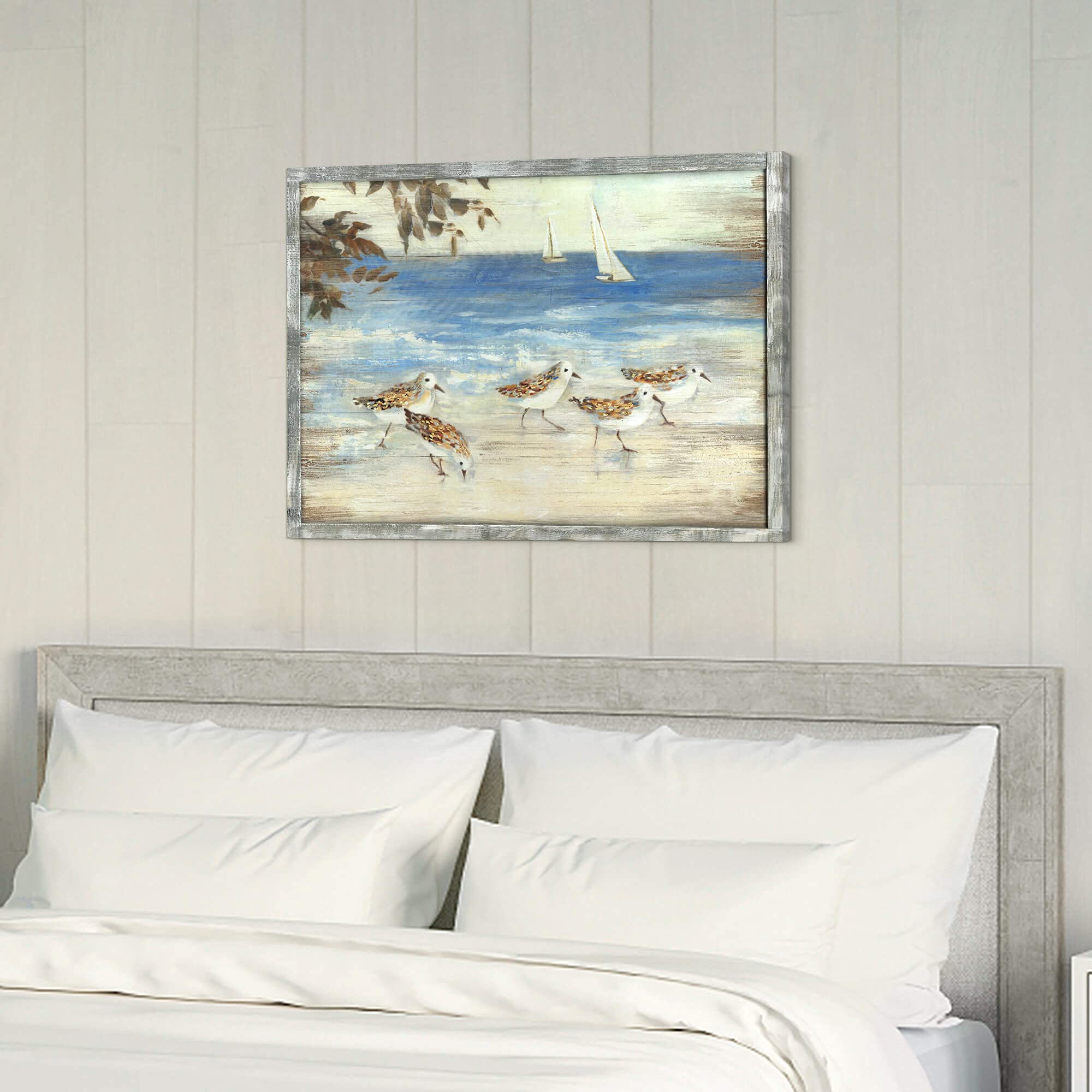 Coastal Framed Wooden Wall Art: Abstract Beach Oil Painting Style Sea Bird Pictures Ocean Prints Peaceful Seascape Artwork For H