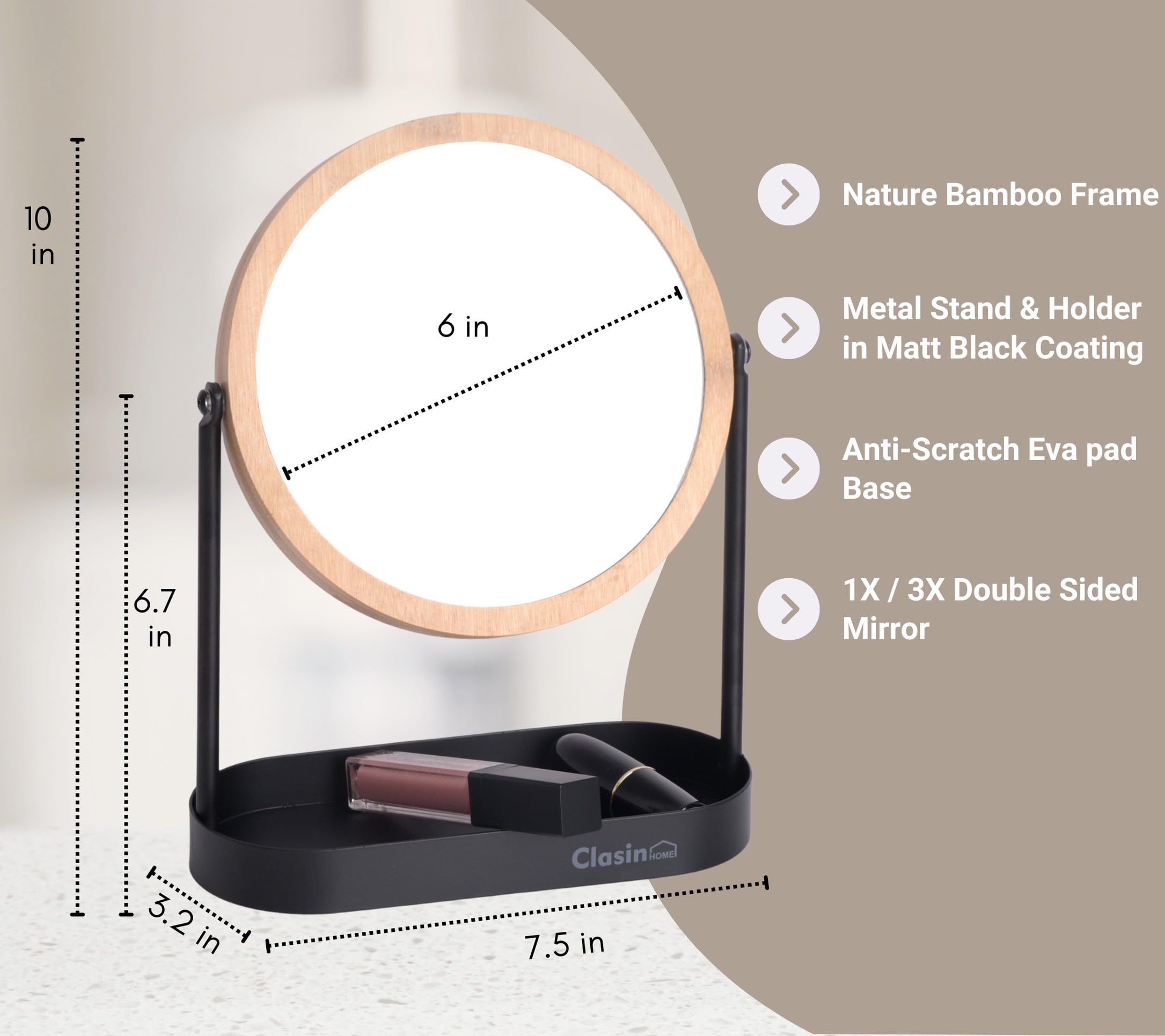 Clasin Home Bamboo Makeup Mirror With Storage, Double Sided Vanity Mirror 360 Rotation, 1X 3X Magnifying Table Mirror For Desk,