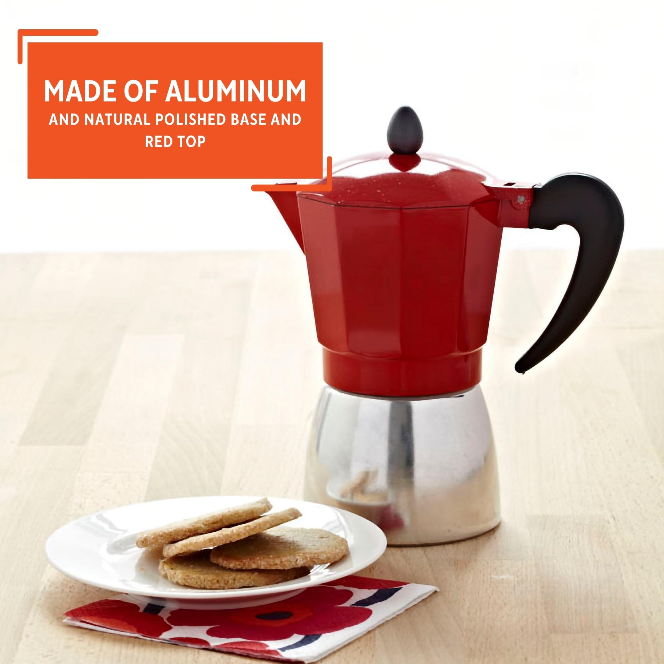 Imusa Usa Red Aluminum Stovetop 6-Cup Classic Italian And Cuban Espresso Maker (B120-43T), Silver/Red