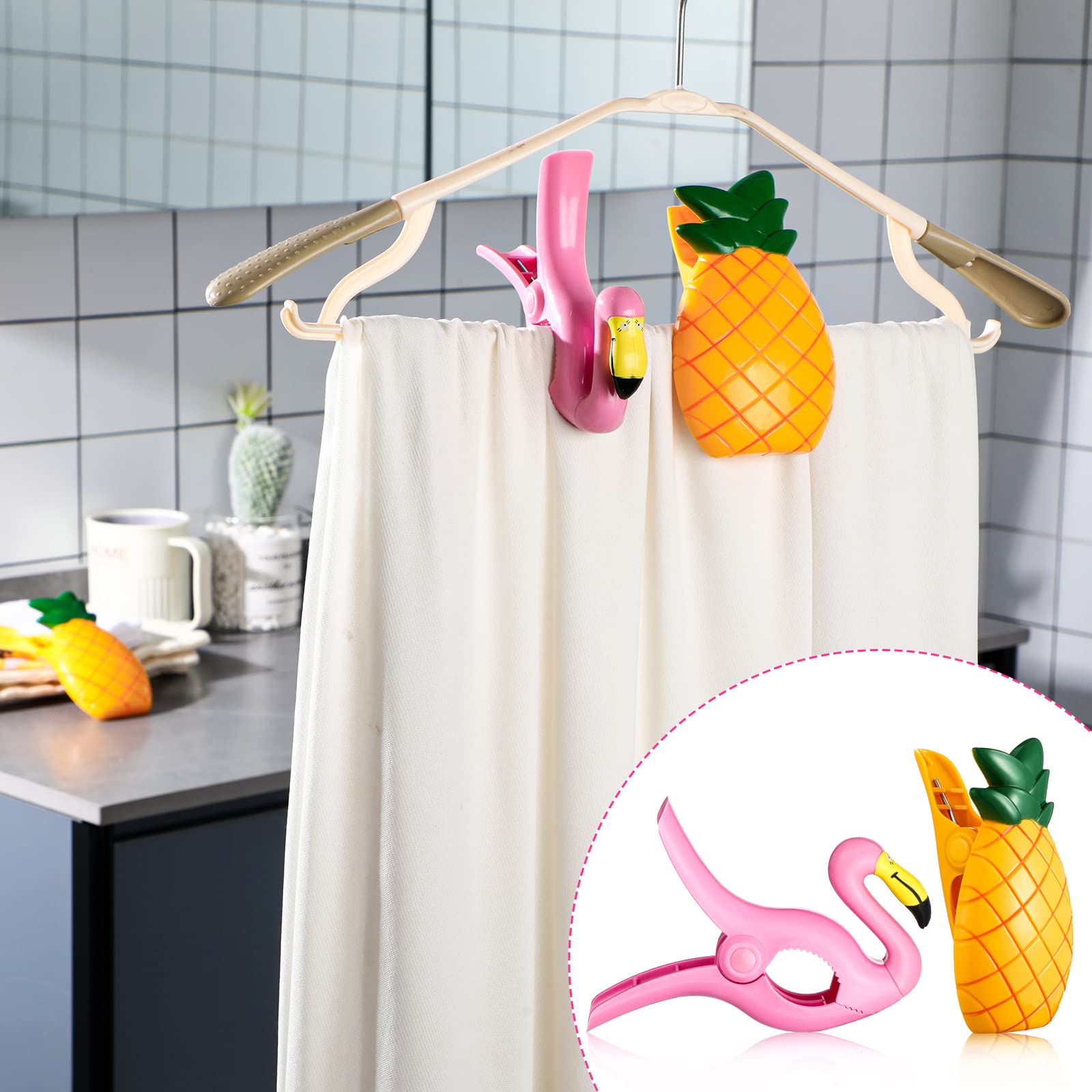 4 Pieces Beach Towel Clips Chair Holders Portable Towel Holders For Holiday Pool (Flamingo And Pineapple Style)