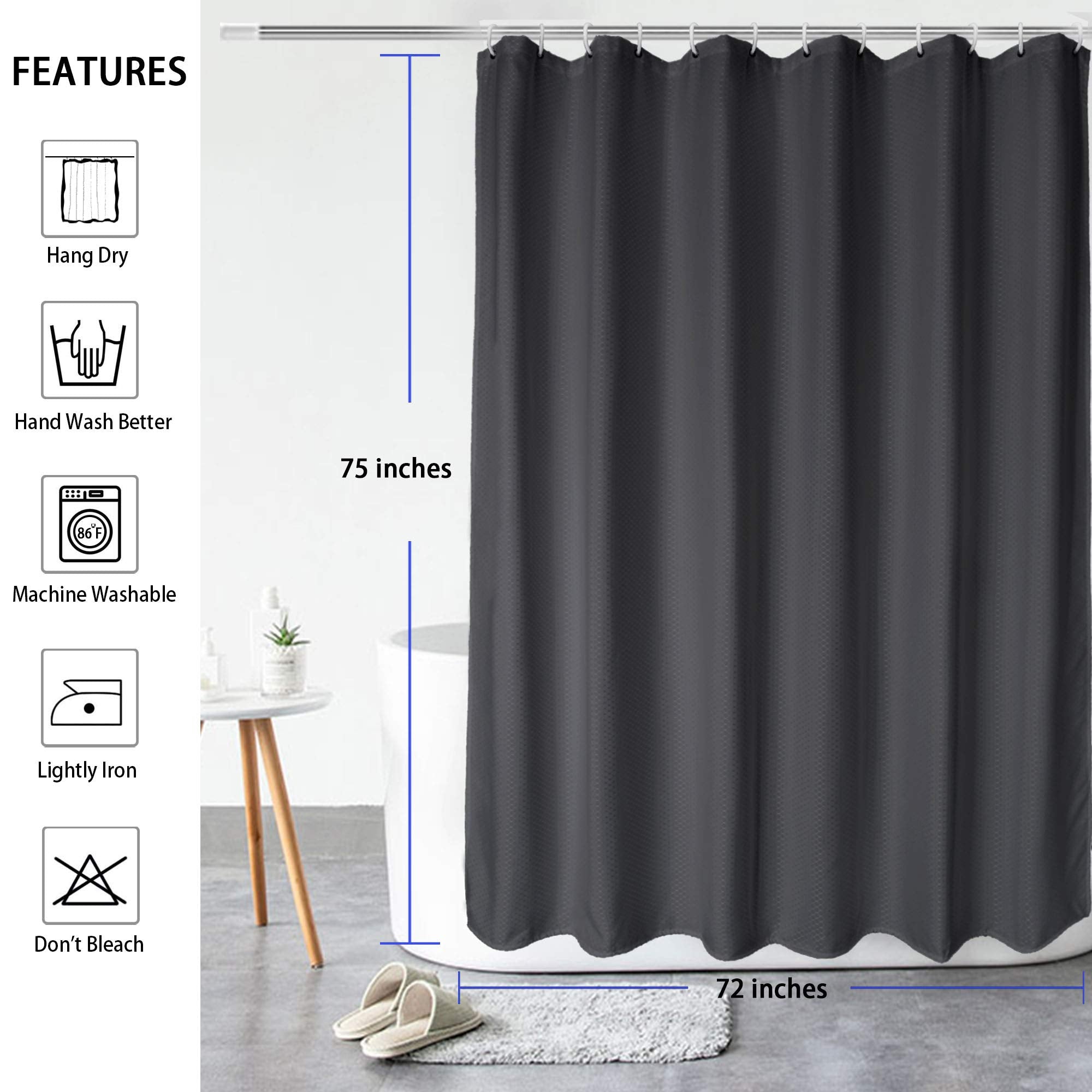 AooHome 72x75 Inch Waffle Weave Shower Curtain  Dark Grey Fabric Durable Bathroom Curtain with Hooks  Weighted Hem  Heavy Duty  Water Repellent