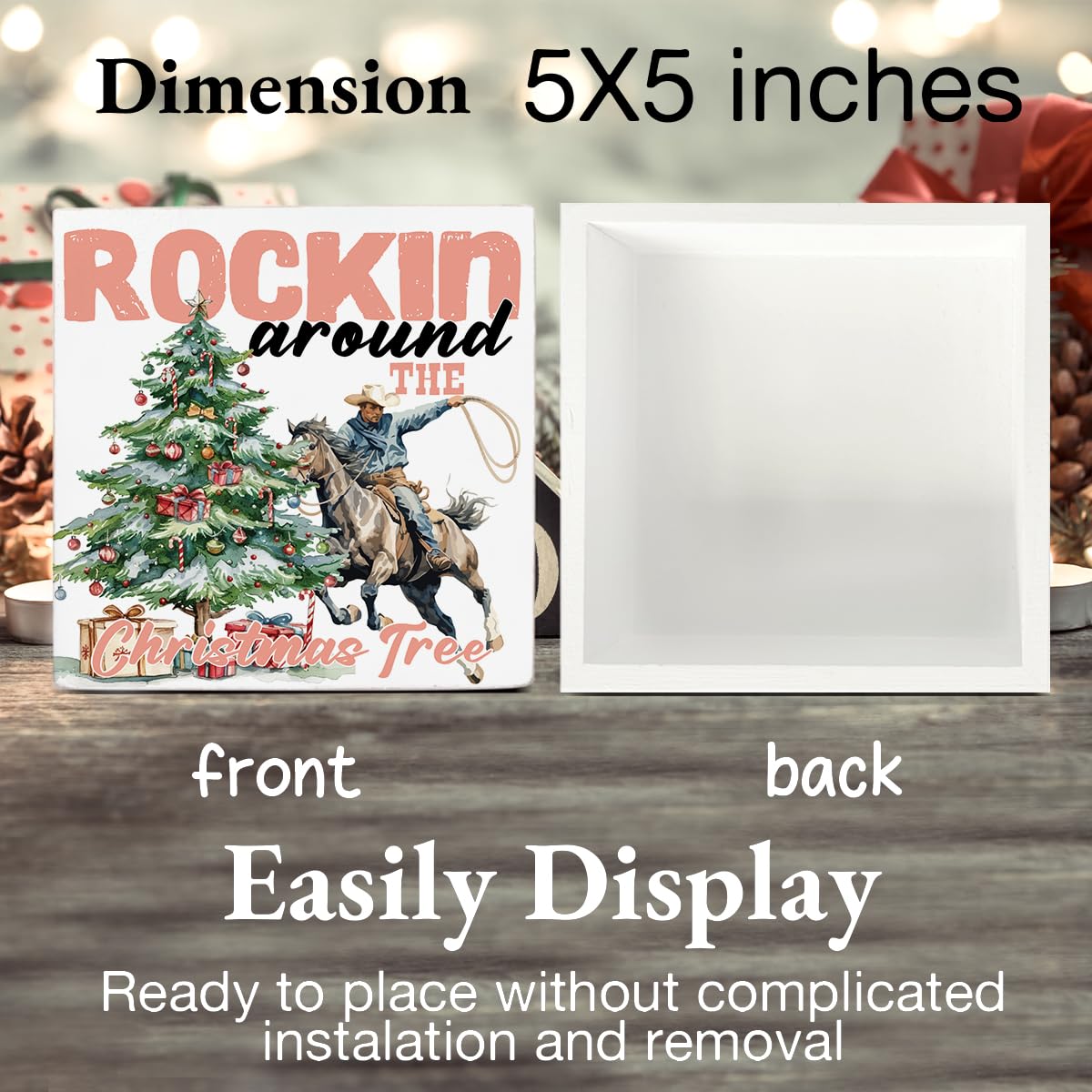 Western Christmas Decorations, Christmas Tree Wooden Sign, Christmas Room Decor, Christmas Decor for Desk Table Shelf 5 x 5 Inch