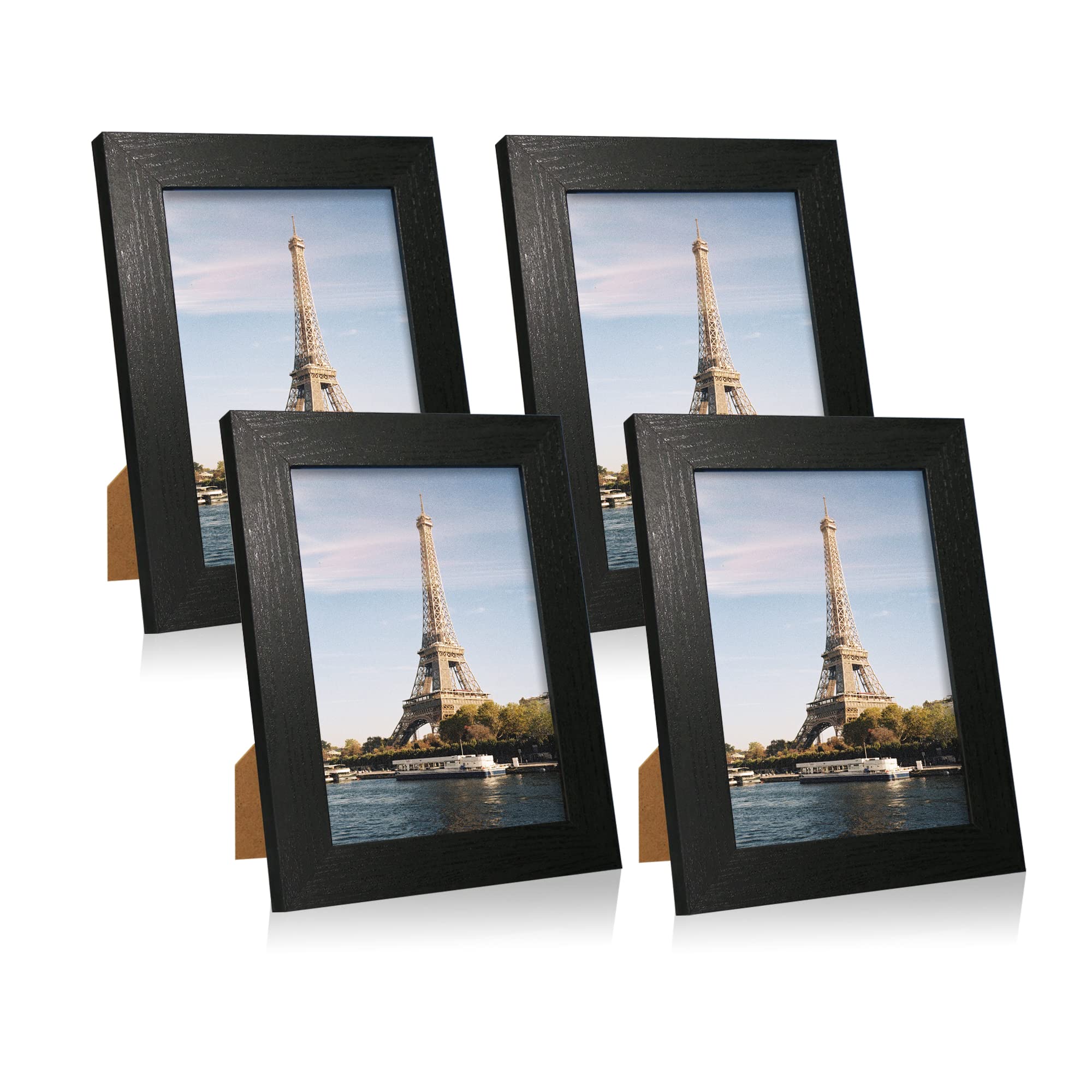 iRahmen 4 Pack 5x7 Picture Frame Black Set with High Definition Glass 5 x 7 Photo Frames for Desktop Display and Wall Mounting.