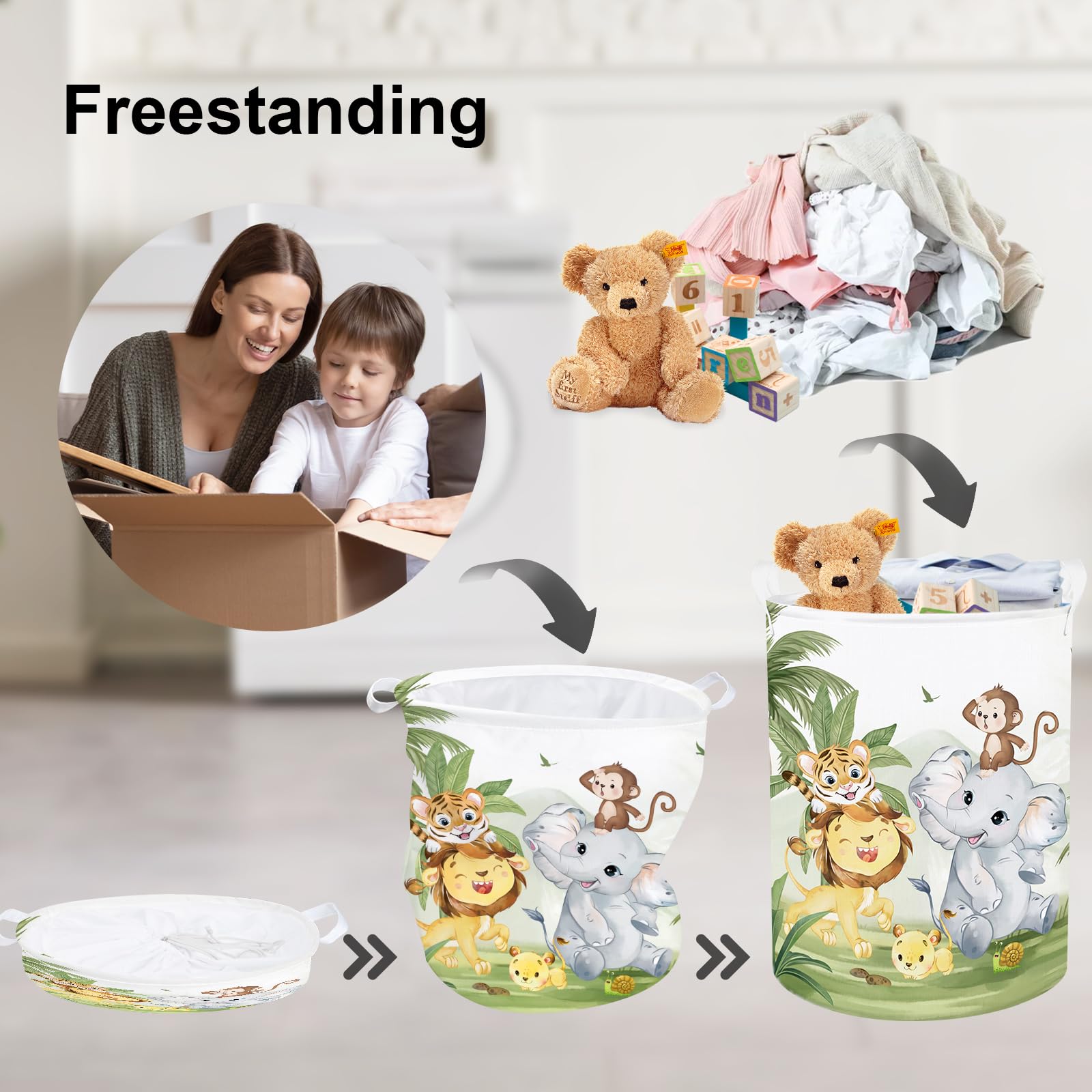 Clastyle 63L Large Rainforest Animals Kid Laundry Hamper With Handle Boy Girl Bedroom Bathroom Nursery Clothes Toy Storage Baske