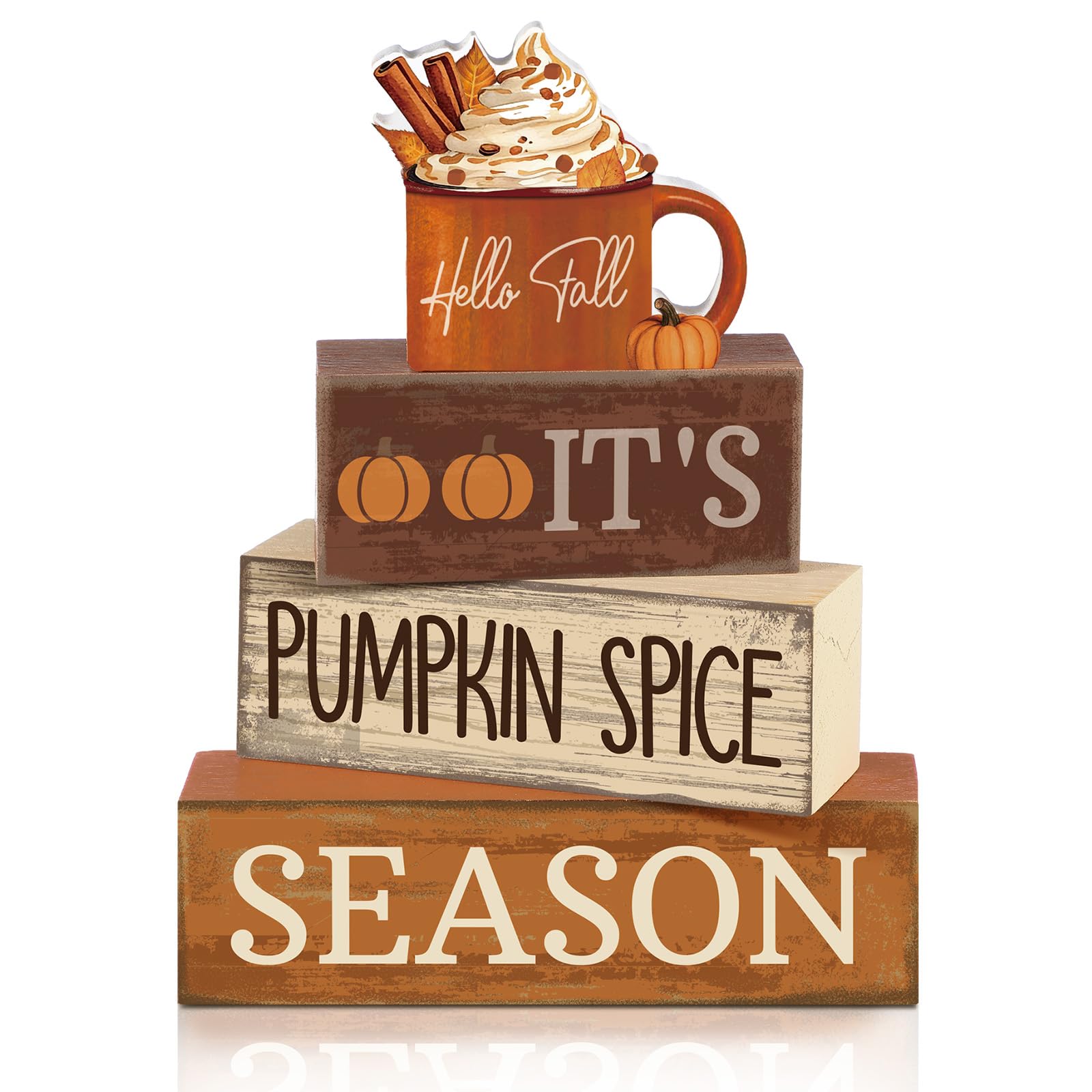 Lineshading 4 Pcs Fall Decorations for Home Wooden Hot Cocoa Cup Block Sign Thanksgiving Tiered Tray Decor Thanksgiving Centerpi