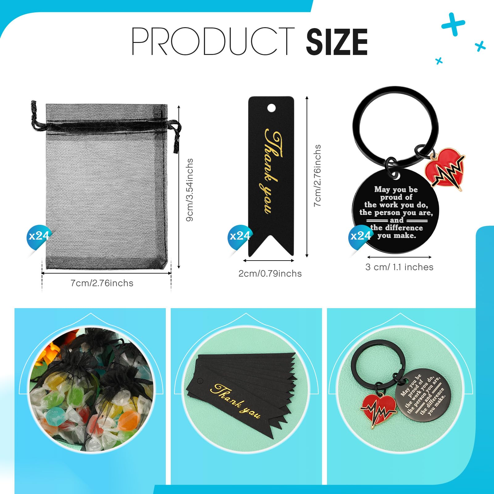 Sureio 72 Pcs Nurse Gift Include 24 Nurse Keychain With 24 Tassel Organza Bag And 24 Tag Thank You Gifts For Party(Black,Classic