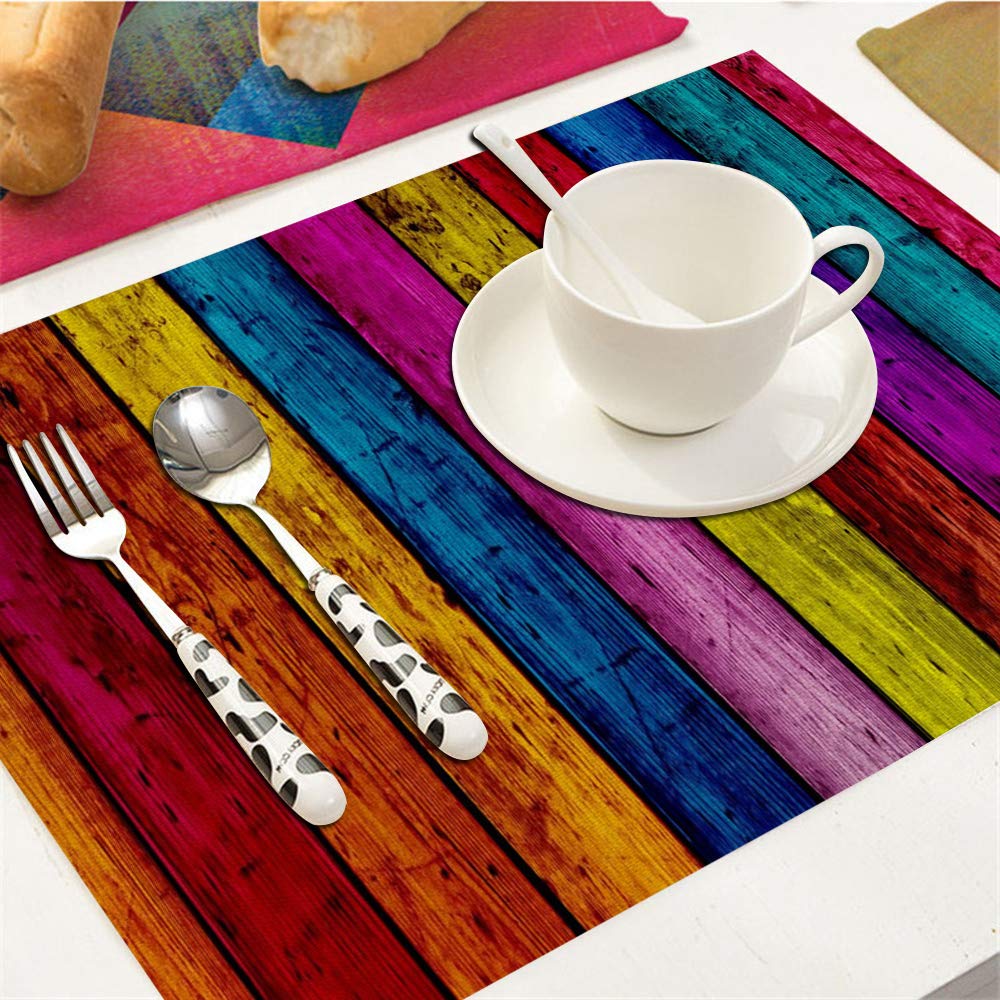 Stripes Placemats Set Of 4, Retro Colorful Wood Stripes Placemats Heat Resistant For Dining Table Non-Slip 18X12 Inches