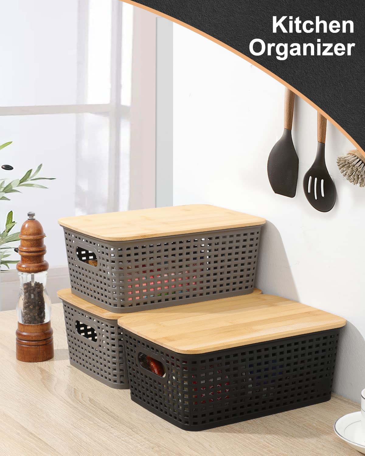 Eoenvivs Storage Bins With Lids 6 Pack, Plastic Storage Bins With Bamboo Lids For Pantry Organization And Storage Containers For