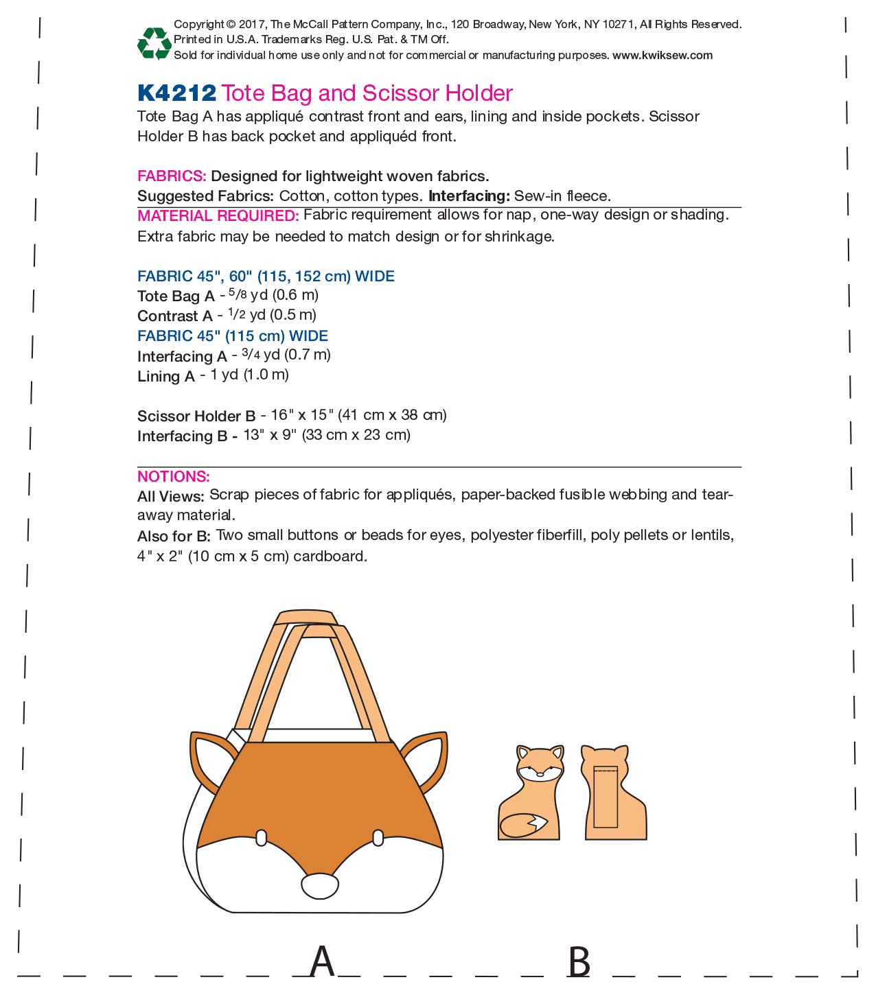 Mccall'S Kwik Tote Bag And Scissor Holder Front Sewing Pattern, One Size