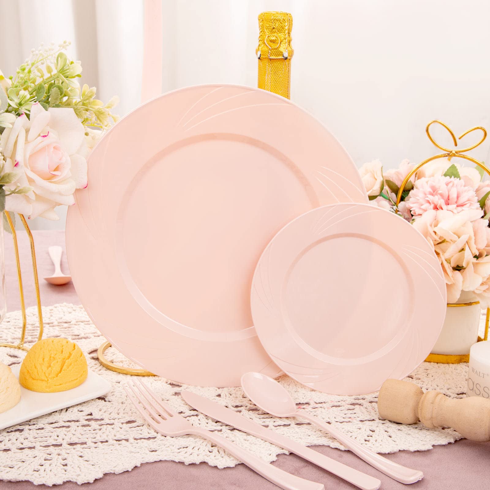 Youbet 125Pcs Pink Plastic Plates - Pink Birthday Plastic Plates Include 25 Dinner Plates 25 Dessert Plates 75 Silverware Baby S