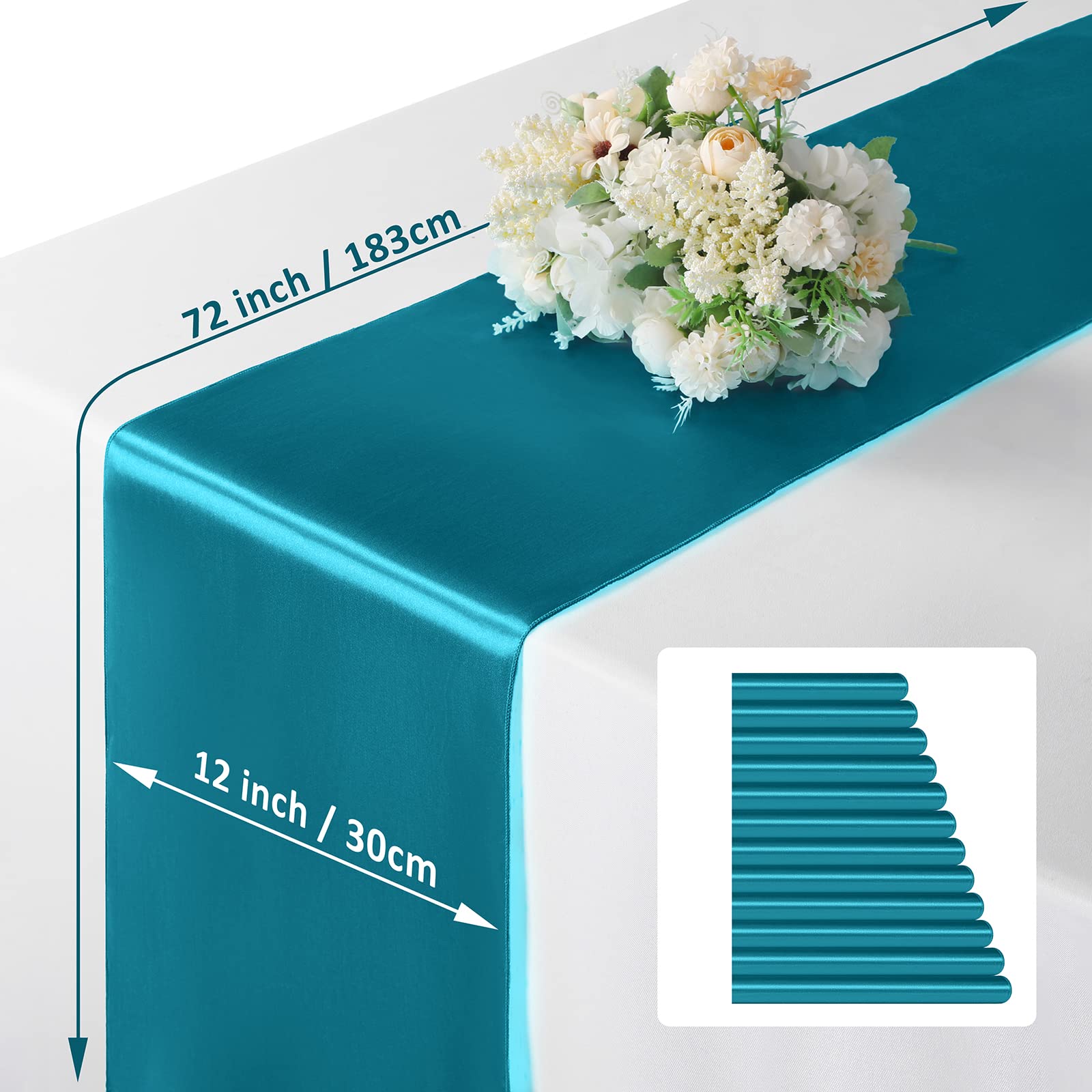Manyshofu 12Pcs Satin Teal Blue Table Runner - 12 x 72 Inch Long Size  Party Table Runner Decor Bright & Smooth Wedding Decorations Table Runner for Banquet Chef Birthday Buffet Dinner Graduations