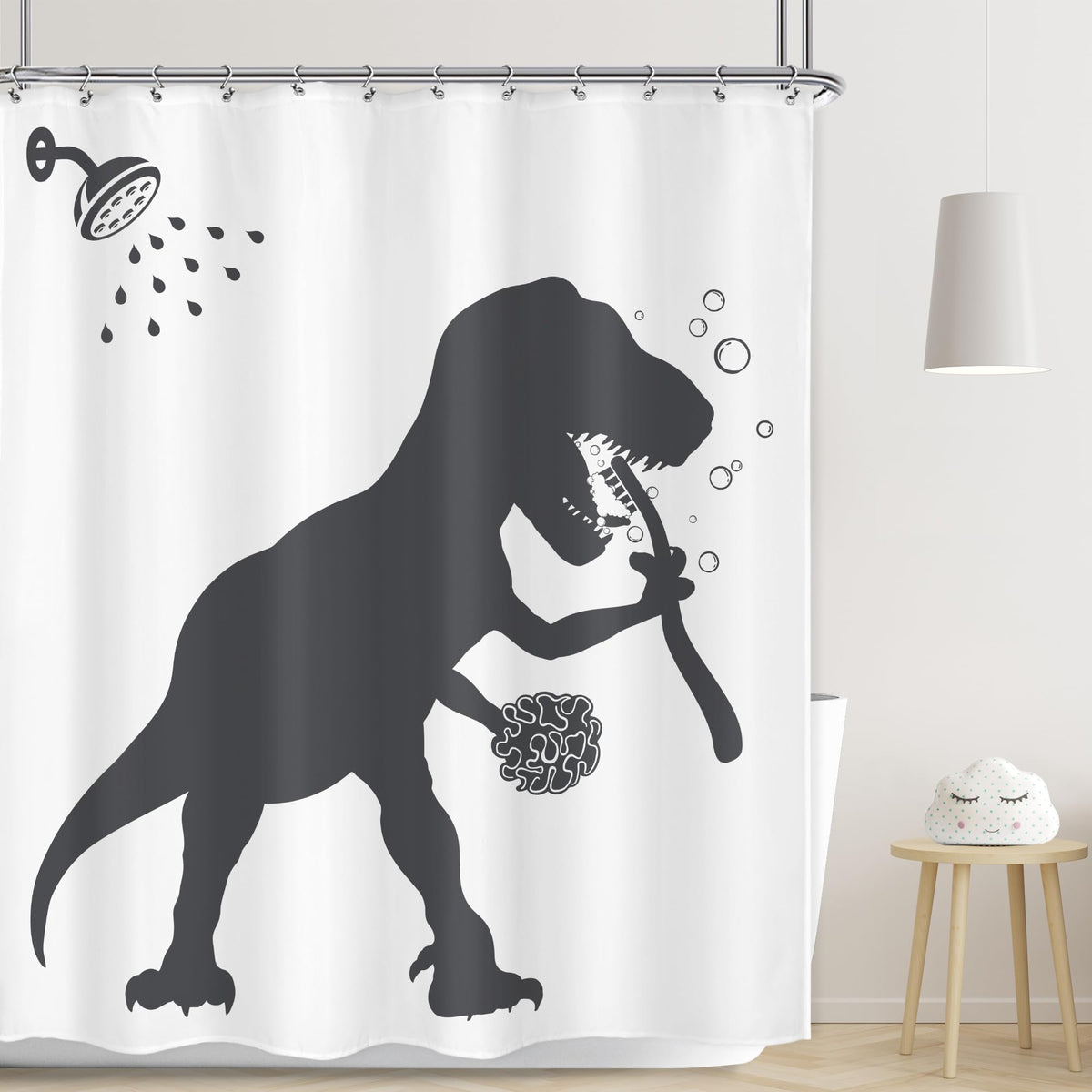 Lghtyro Funny Dinosaur Shower Curtain Set, Dino Shower Curtain For Kids Boys, 60Wx71H Inch Trex Raptor Silhouette, Fun Black Whi