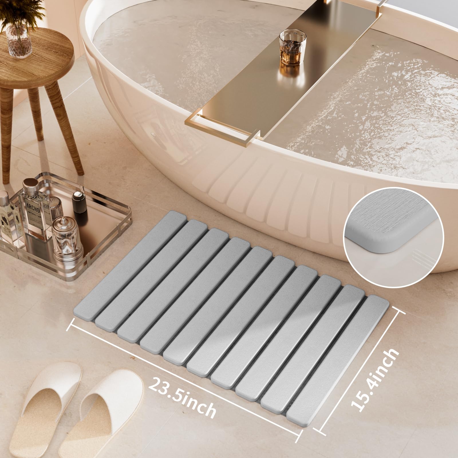 Summer&Kiss Stone Bath Mat, Quick Dry Stone Drying Mats For Bathroom, Super Absorbent Rollable Bath Stone Mat, Non Slip, Large D