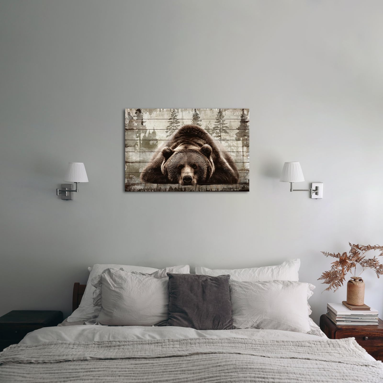 iKNOW FOTO Brown Wall Art Painting Grizzly Bear Prints On Canvas Vintage Forest Wildlife Animal Pictures Wall Art for Home Cabin Decoration Rustic Farmhouse Decor 16x24 Inches