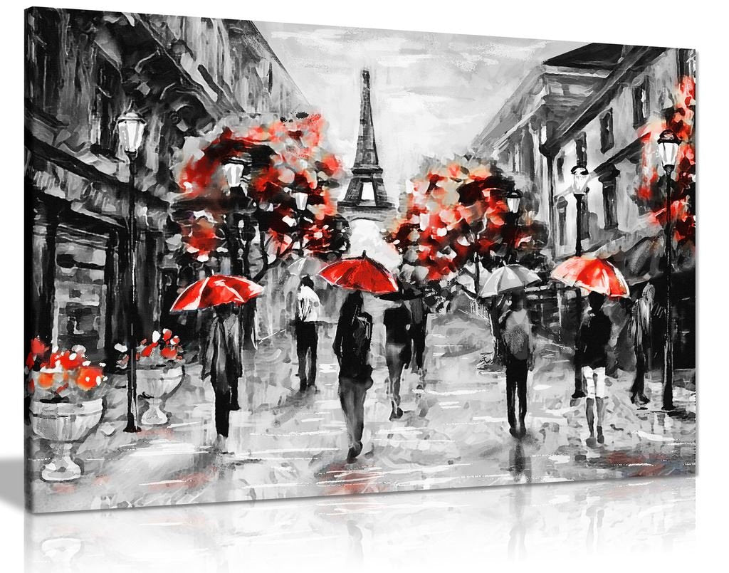 Modern Contemporary Black White Red Paris Eiffel Tower Canvas Wall Art Picture Print (24X16)