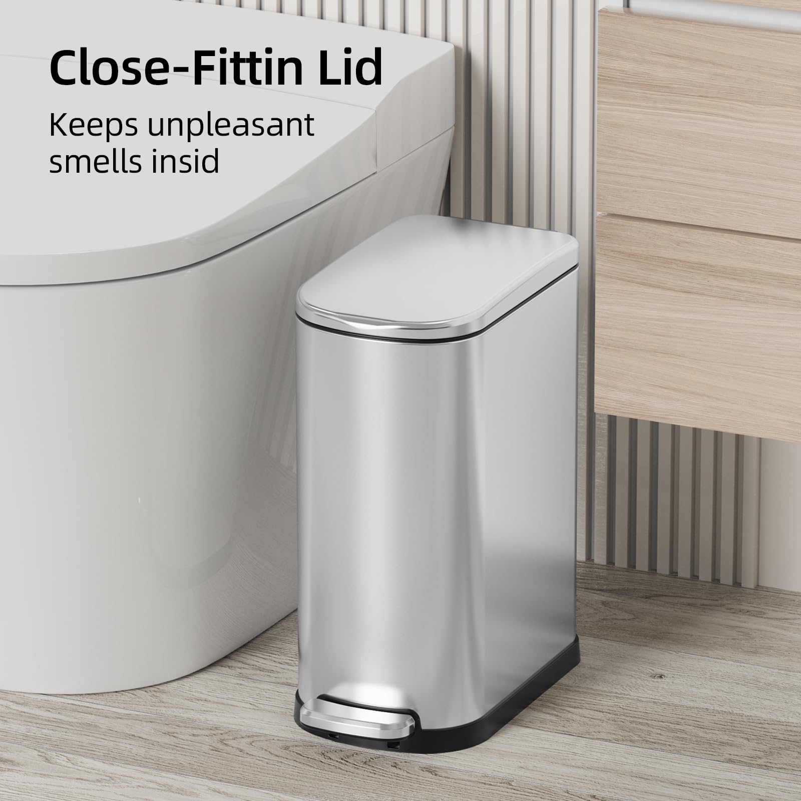 Kuk Slim Bathroom Trash Can With Lid, 2.6 Gallon (10 L) Stainless Steel Step Small Garbage Can With Removable Inner Bucket, Soft