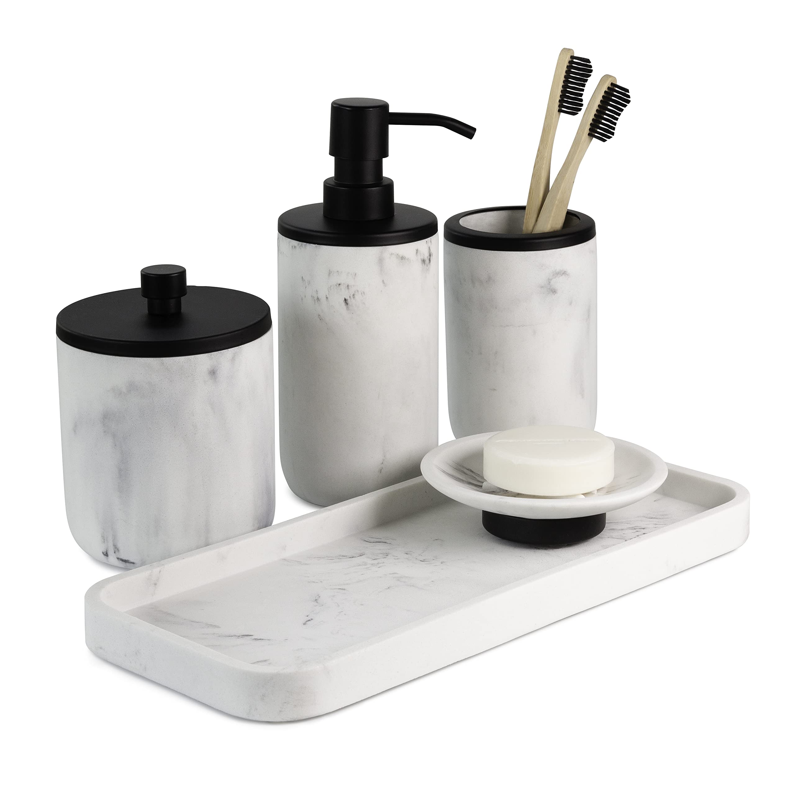 Bathroom Soap Dispenser Set - Bathroom Toothbrush Holder Set, Marble Bathroom Accessories, Matte Black Bathroom Accessories Set,