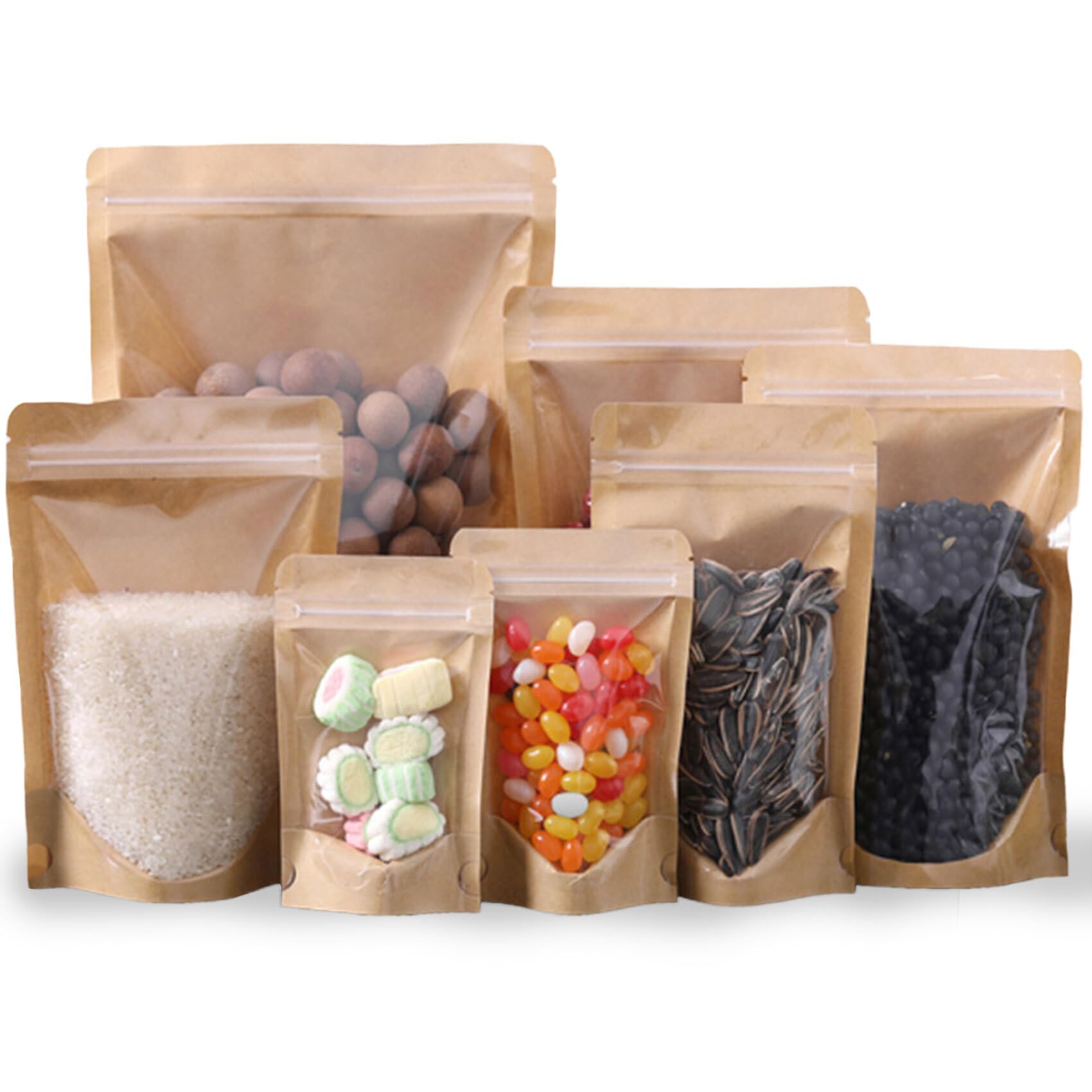 Hibciga 100 Pack Kraft Resealable Bags With Clear Front Stand Up Brown Kraft Bags With Window Transparent Bulk Pouches Ziplock P