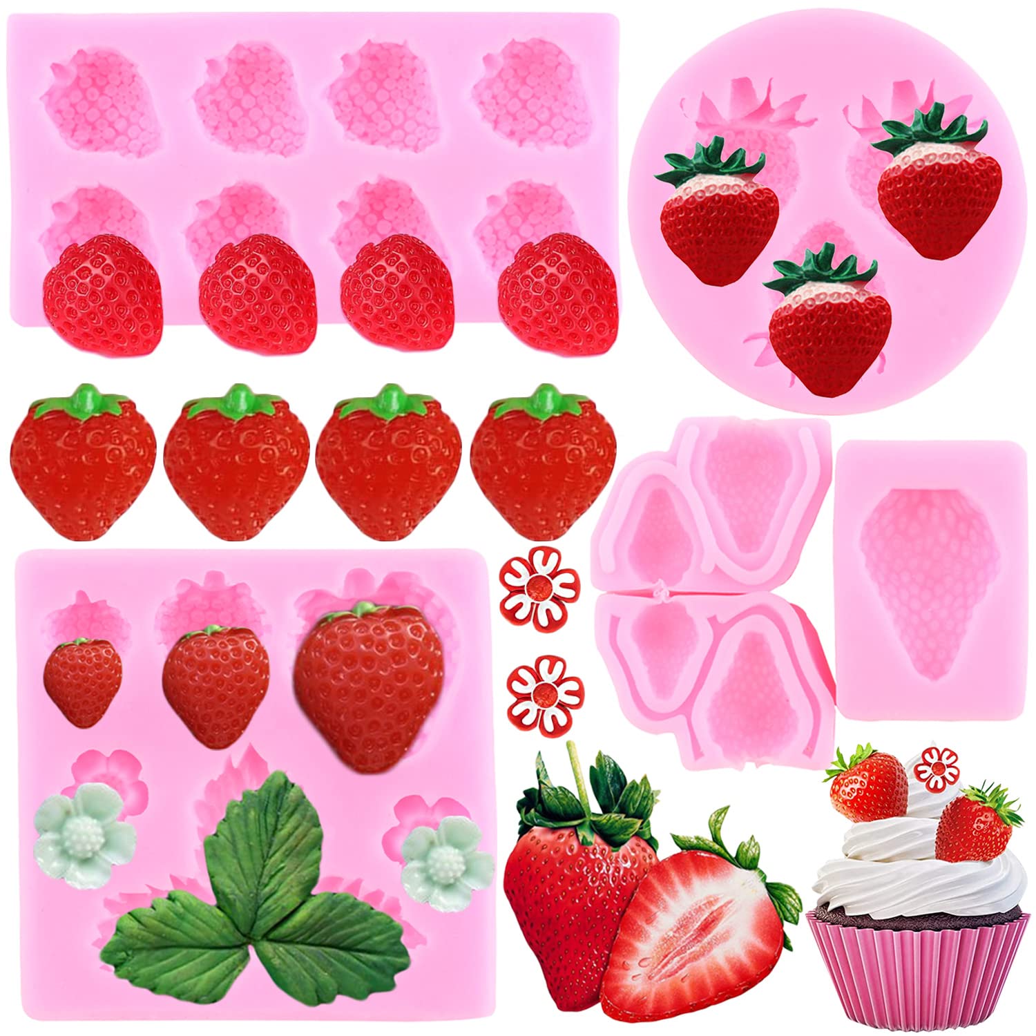 Miyahouse 3D Strawberry Silicone Molds Strawberry Flowers Fondant Molds For Cake Decorating Chocolate Candy Cupcake Topper Decor