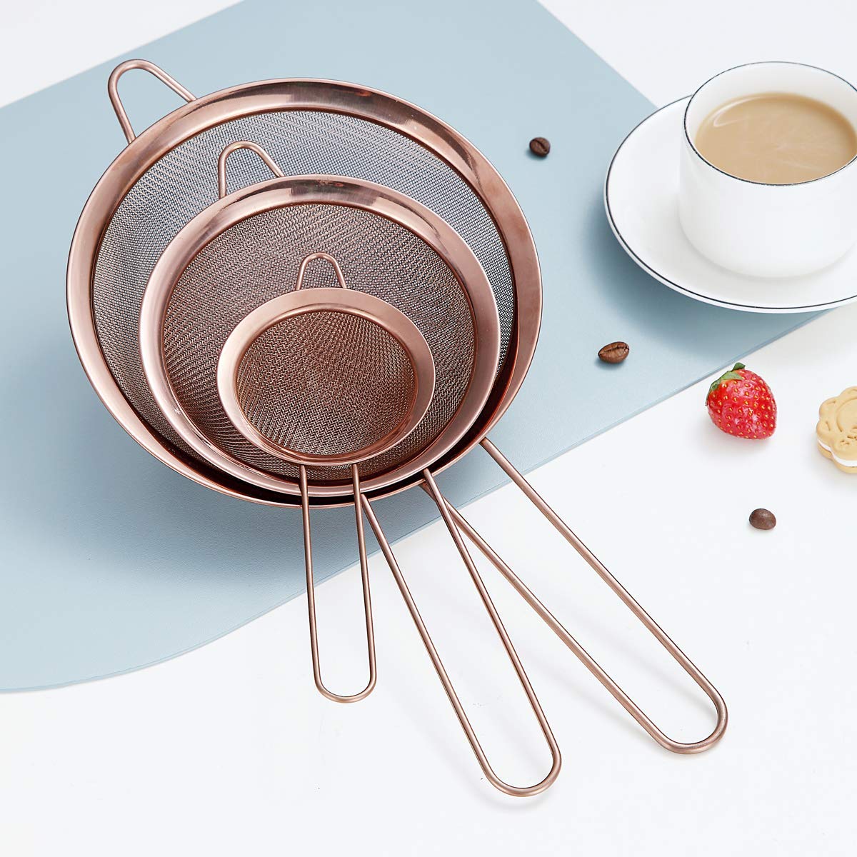 Kyraton Rose Gold Fine Mesh Strainer 3 Pieces Set, Copper Flour Sifter For Baking, Stainless Steel Clander, Matcha Tea Strainer,