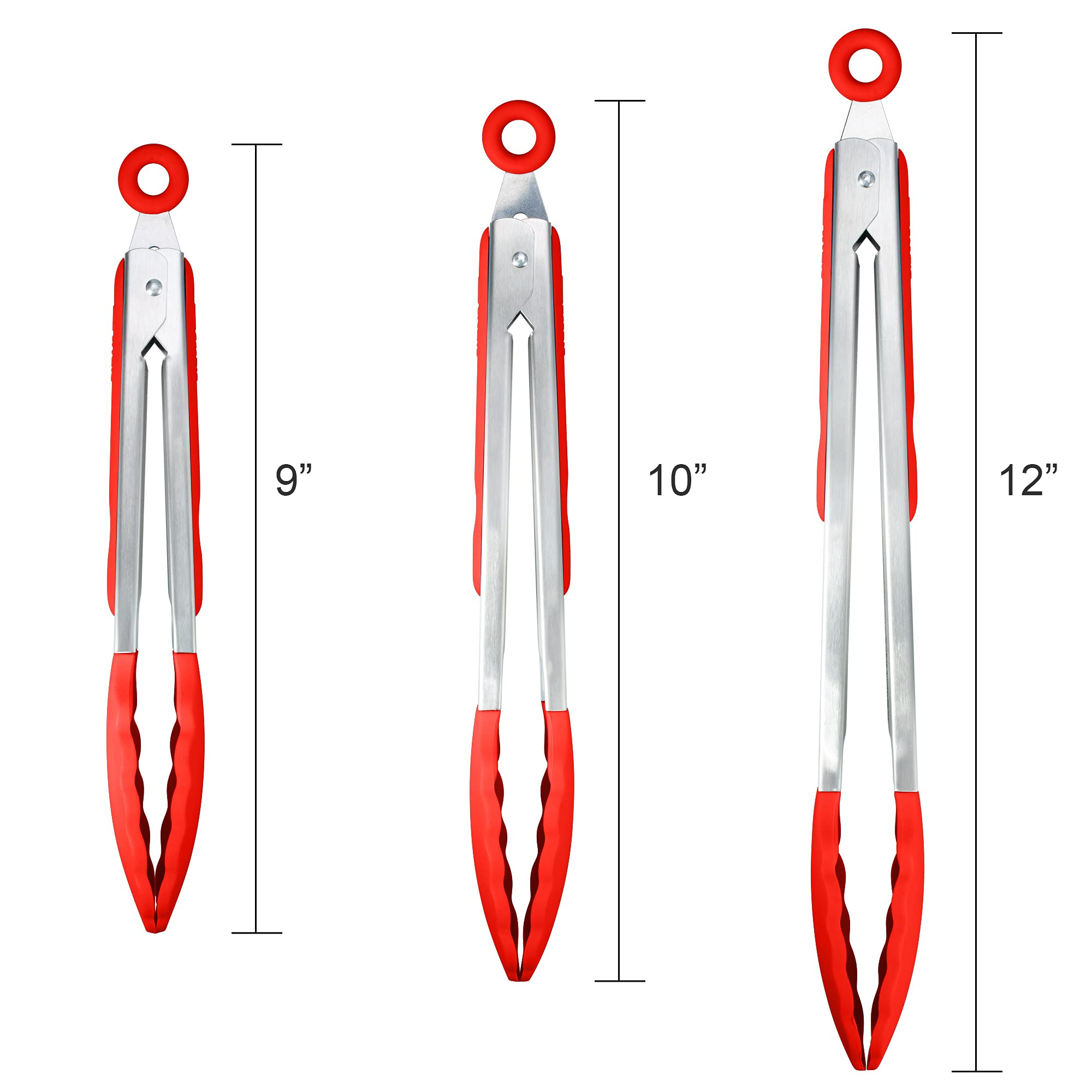 3 Pack Red Kitchen Tongs, Premium Silicone Bpa Free Non-Stick Stainless Steel Bbq Cooking Grilling Locking Food Tongs, 9-Inch 10