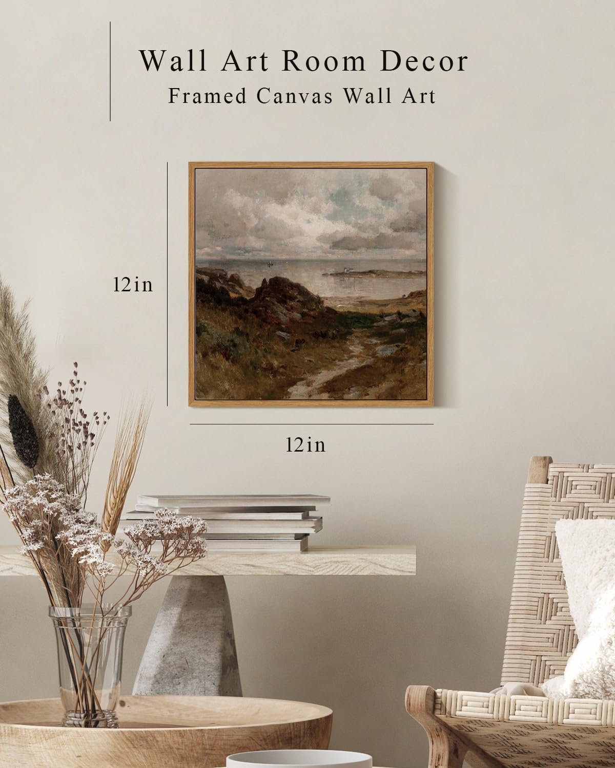 Insimsea Square Framed Canvas Wall Art, Landscape Decor Retro Seaside Path Wilderness Oil Paintings For Wall Art Prints Home Dec