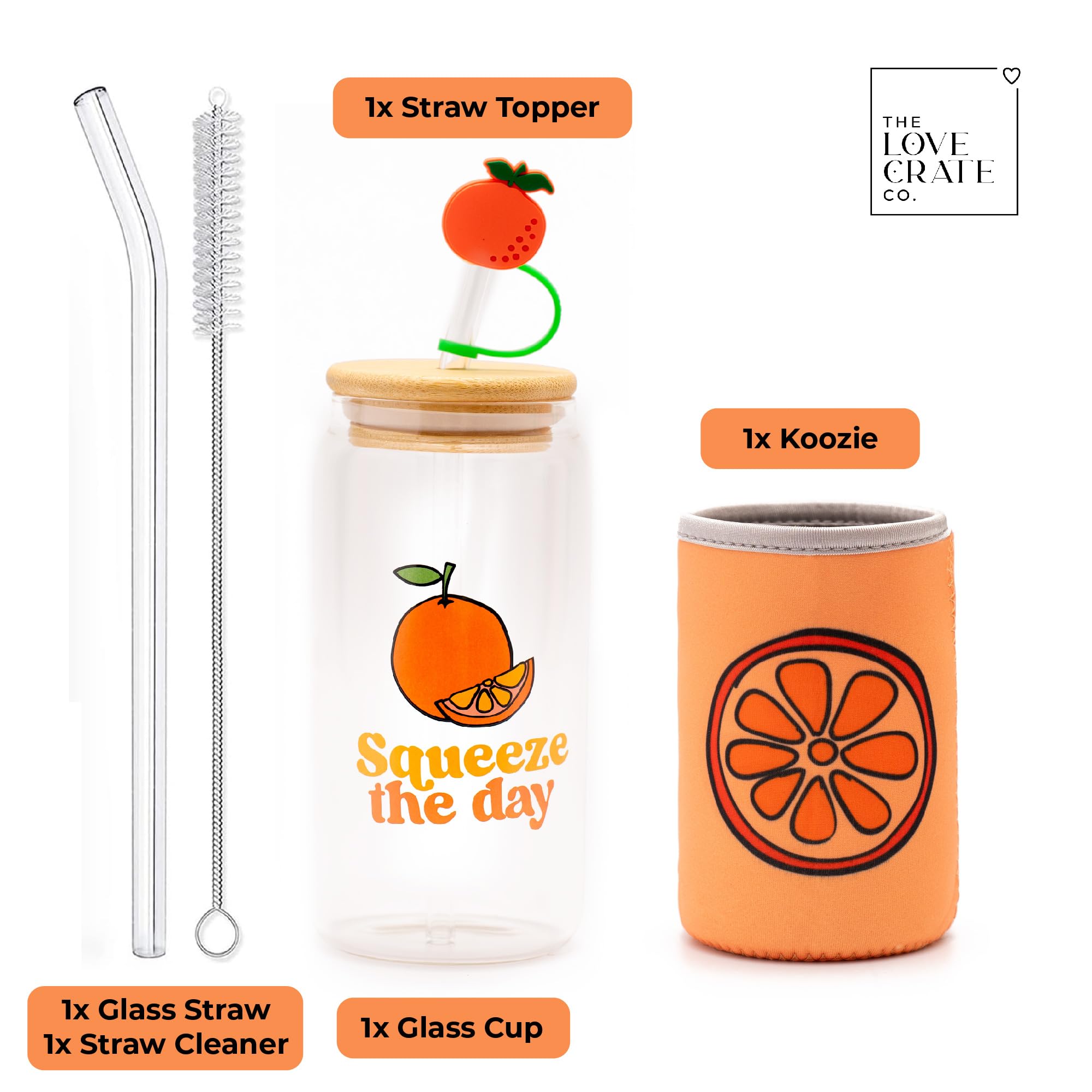 The Love Crate Co. Orange Gifts for Women - Glass Tumbler with Lid and Straw, Customized Straw Stopper and Cup Sleeve. Aesthetic