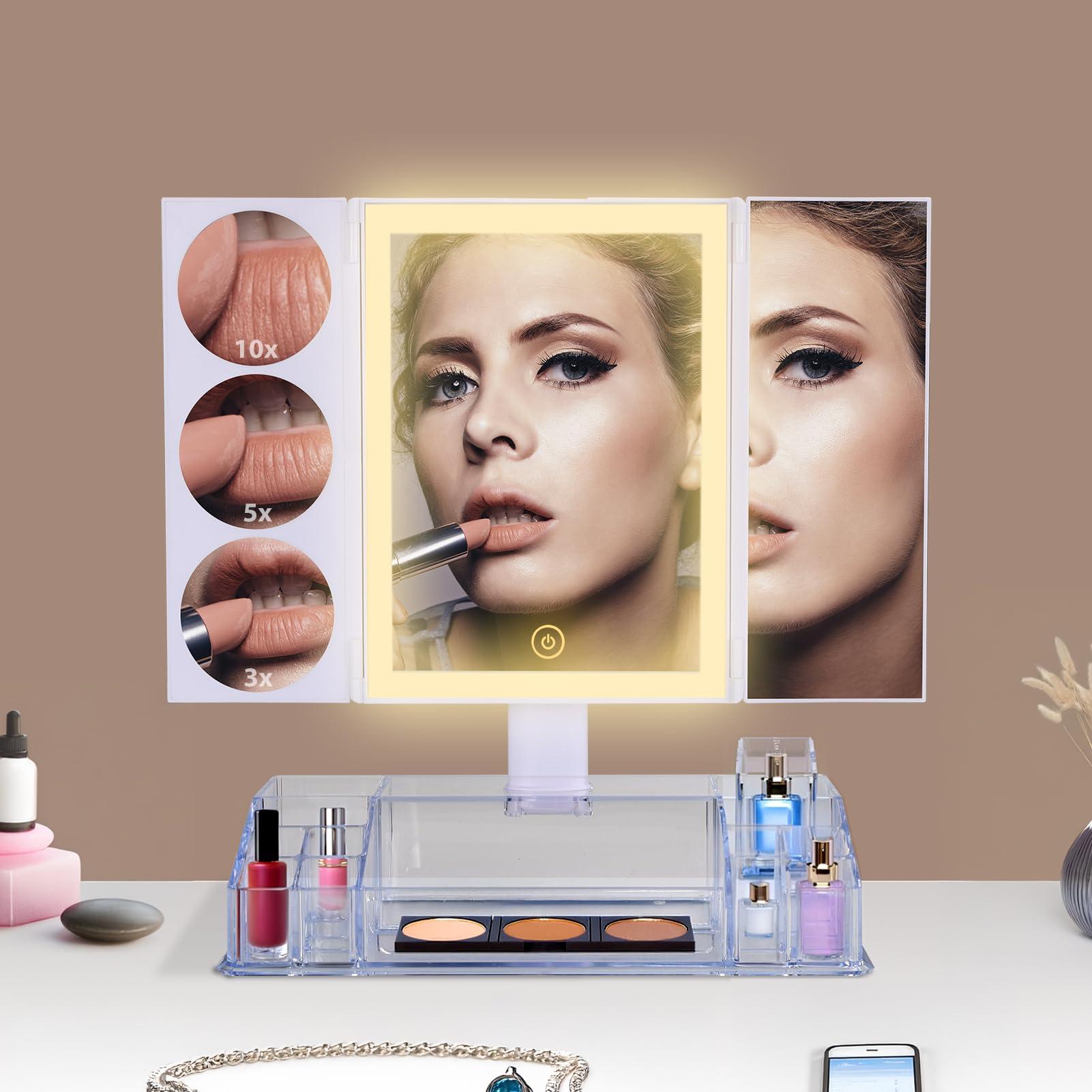 Trifold Lighted Makeup Mirror With Magnification 1X, 3X, 5X, 10X, Clear Cosmetic Storage Organizer, 3 Way Dressing Vanity Mirror