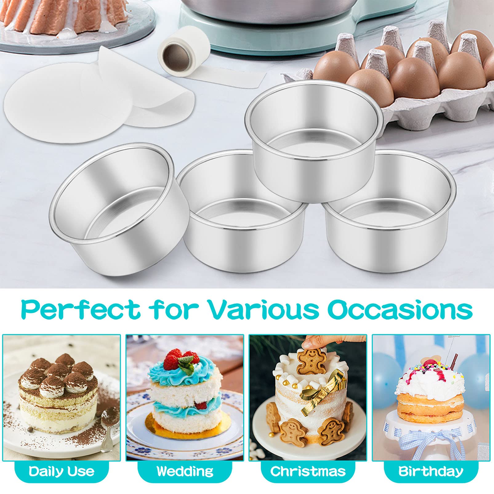 Teamfar 4 Inch Cake Pans, Stainless Steel 4 Pcs Small Round Cake Pan Set For Baking Roasting, Non-Toxic & Sturdy, Non-Stick & He