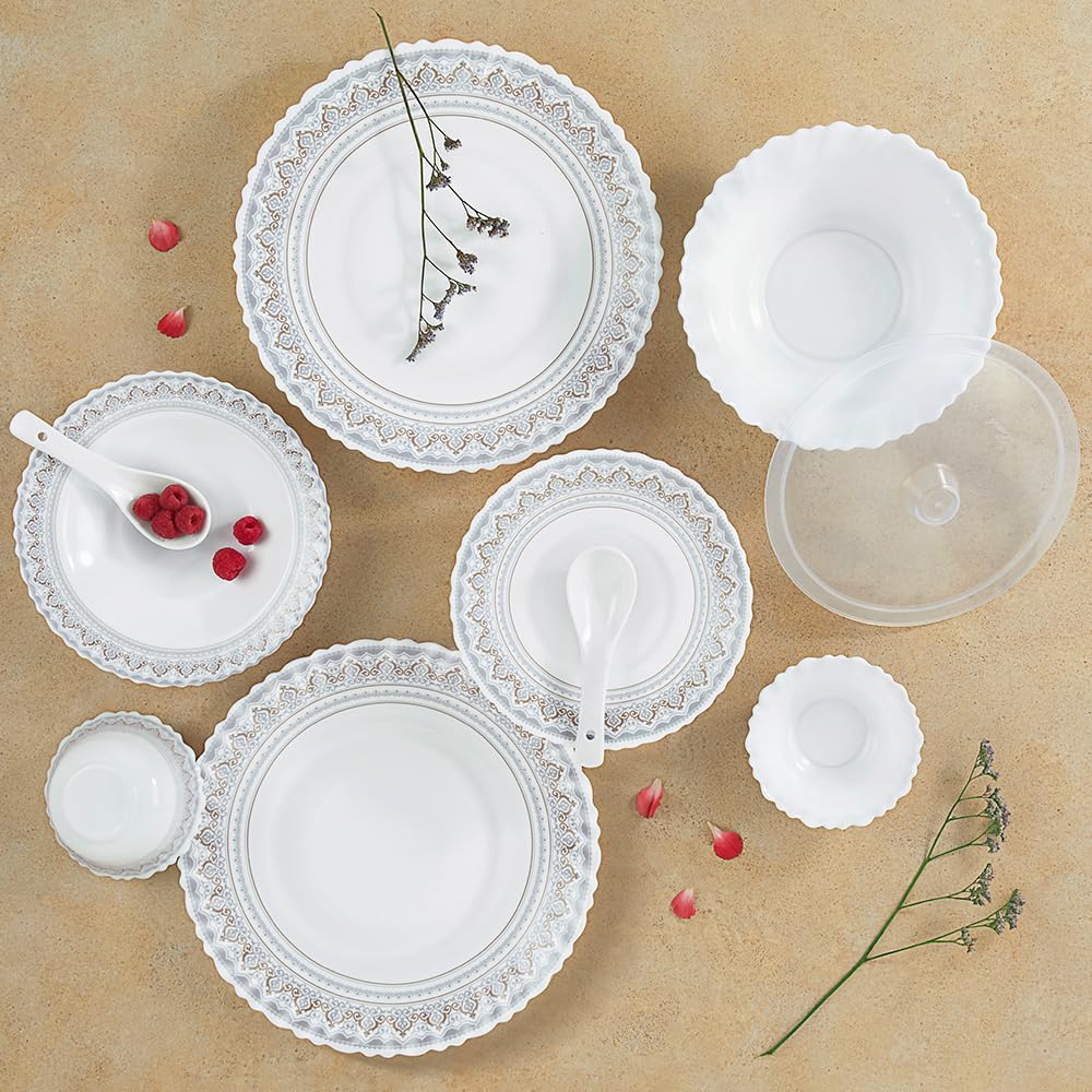 Larah By Borosil Fluted Series Classic Opalware Dinner Set | 35 Piece For Family Of 6 | Microwave & Dishwasher Safe | BoneAsh F