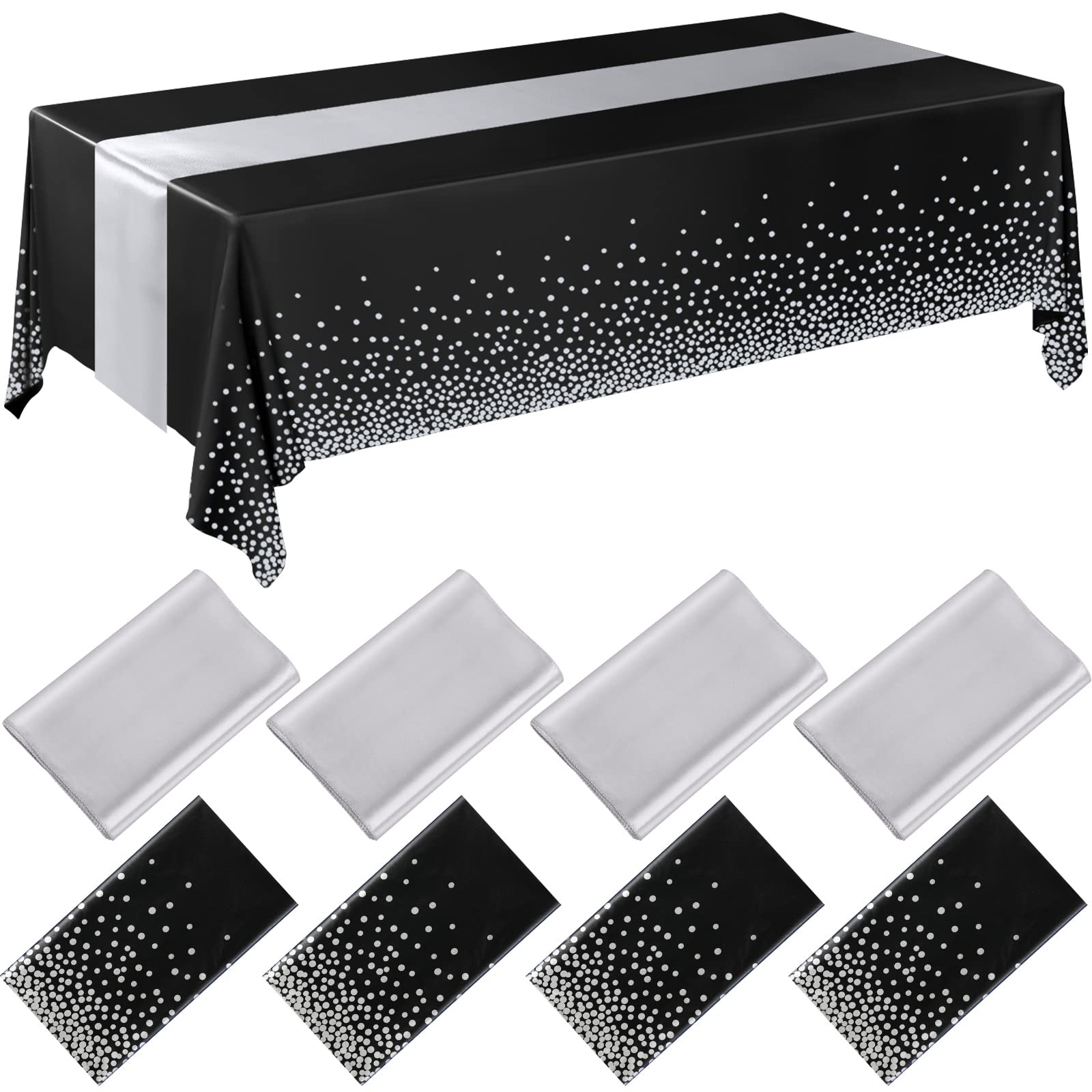 Breling 8 Pack Black and Silver Disposable Plastic Tablecloths and Satin Table Runner Set, 54 x 108 Inch Tablecloth, 12 x 108 In