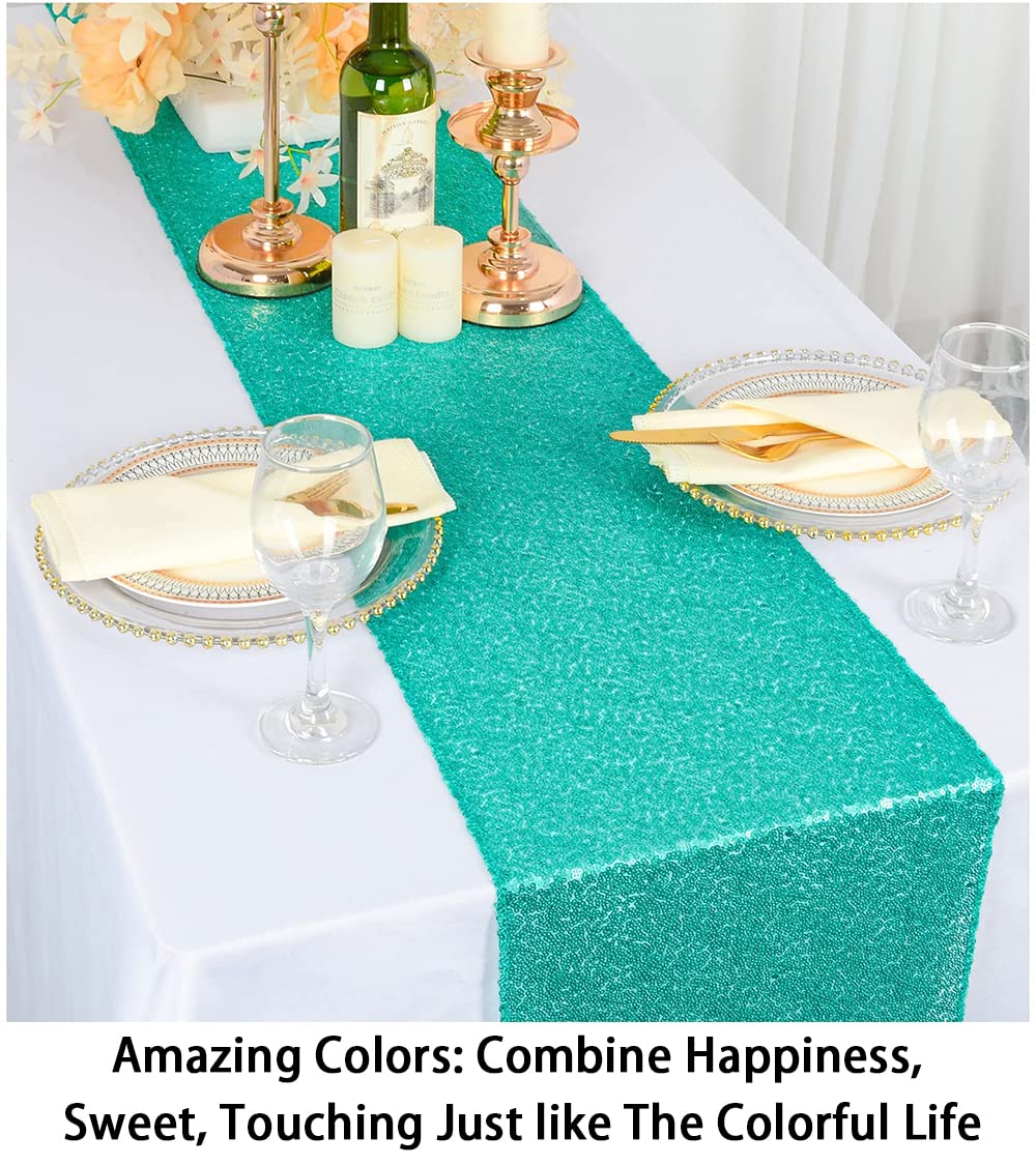 Shinybeauty 12X108-Inch Sequin Table Runner Teal 1 Piece Table Runner Wedding Halloween Party Decorations Sequin Runners For Tab