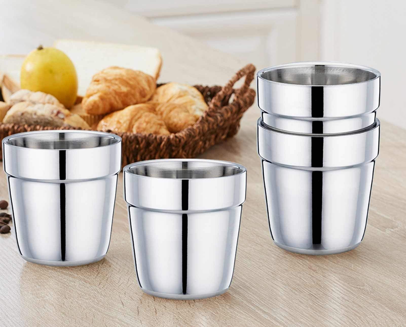 Teamfar Coffee Cup Espresso Cup Mug Set Of 4, Double Wall Stainless Steel Tea Cups, Reusable & Stackable, Mirror Finish & Dishwa