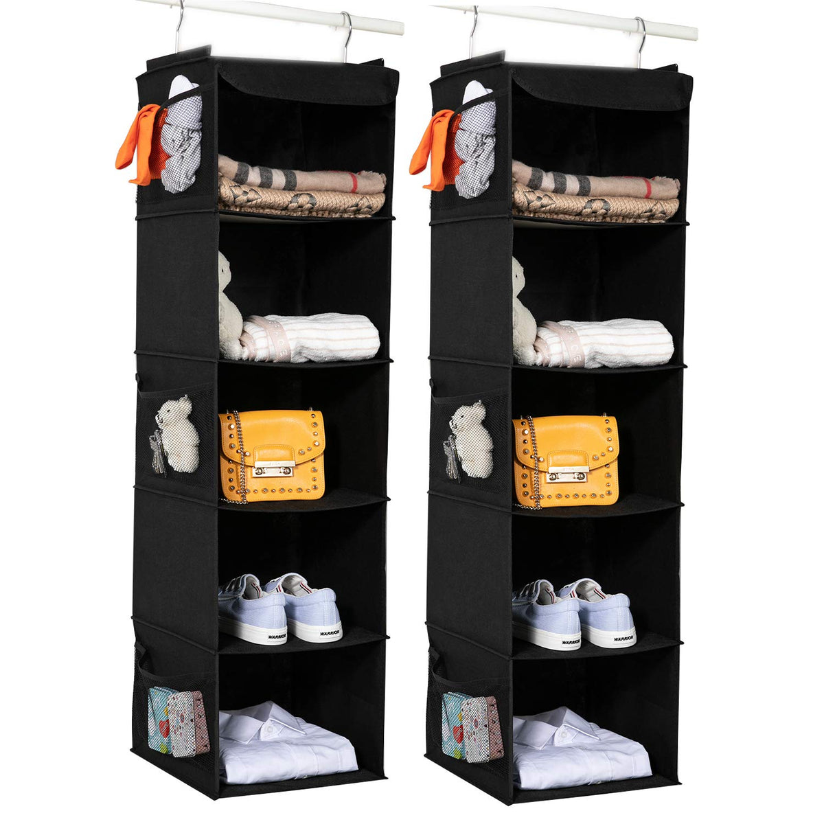 Brilliantjo 2 Pack Hanging Closet Organizer, 5 Shelves Hanging Storage With 6 Side Pockets For Clothes Shoes, 43''X12''X12''(Bla