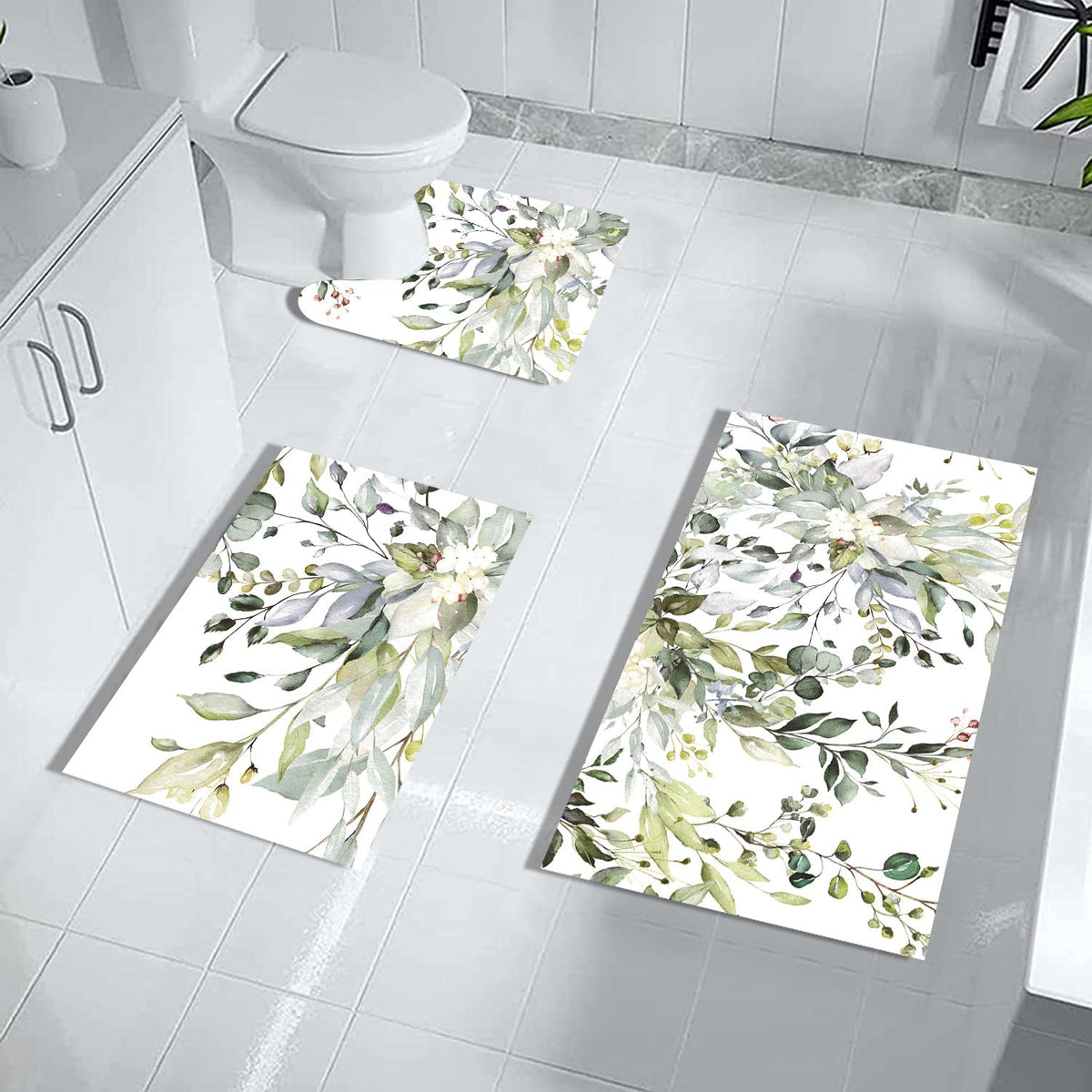 Muginyu Green Leaves Bathroom Rug Set 3 Piece, Spring Floral Boho Quick Dry Bath Mat Set Of 3,Eucalyptus Plant Minimalistthin Ru