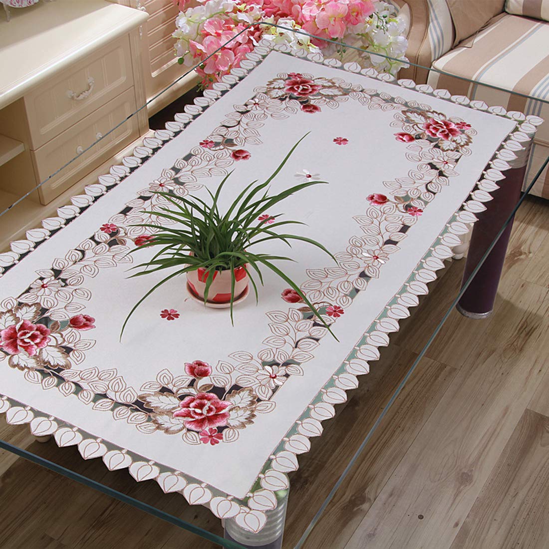 Lelehome 68'' X 100'' Oblong Beige Tablecloth, Vintage Classic Flower Embroidered Lace Cream Dining Table Cloth Big Table Top Co