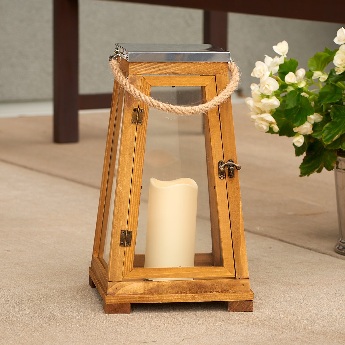 Smart Design 84044-LC Newport LED Candle Lantern, Wooden Lantern With Glass Panels And Rope, Includes Candle Powered By One Ambe