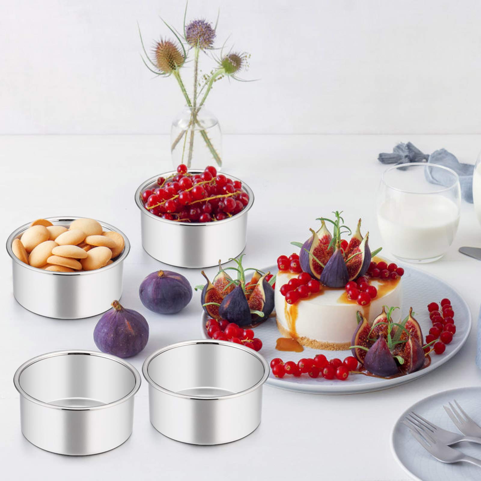 Teamfar 4 Inch Cake Pan, 6 Pcs Layer Baking Round Cake Pans Set Stainless Steel, For Baking Steaming Serving, Healthy & Sturdy,