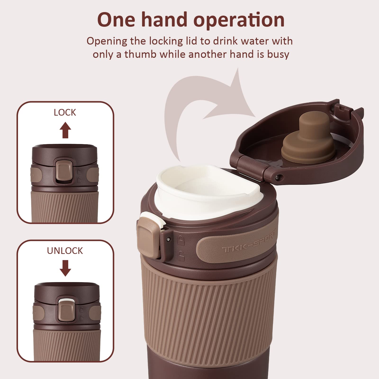 Insulated Coffee Travel Mug Double Wall Leak-Proof Thermos Vacuum Reusable Stainless Steel Tumbler, 15 Oz, Brown